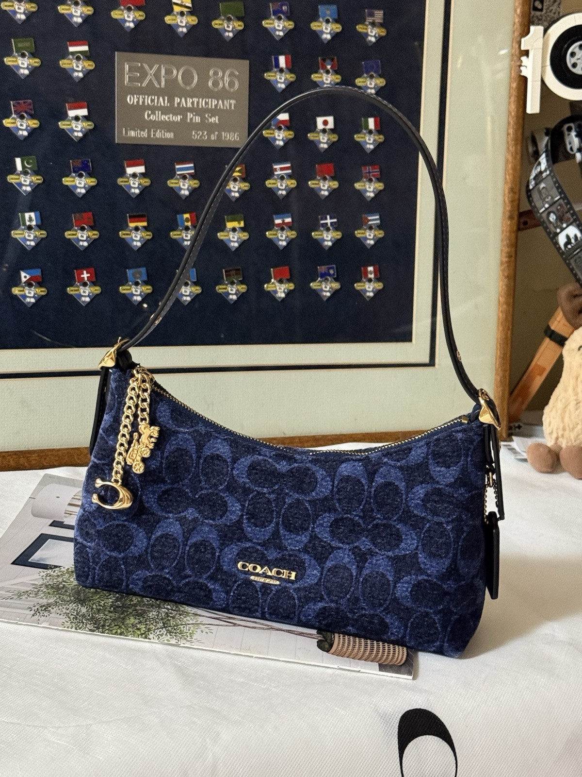 NWT Coach Emeilia Shoulder Bag In Signature Chenille CFN74 Gold/Navy NWT Coach Emeilia Shoulder Bag In Signature Chenille CFN74 Gold/Navy