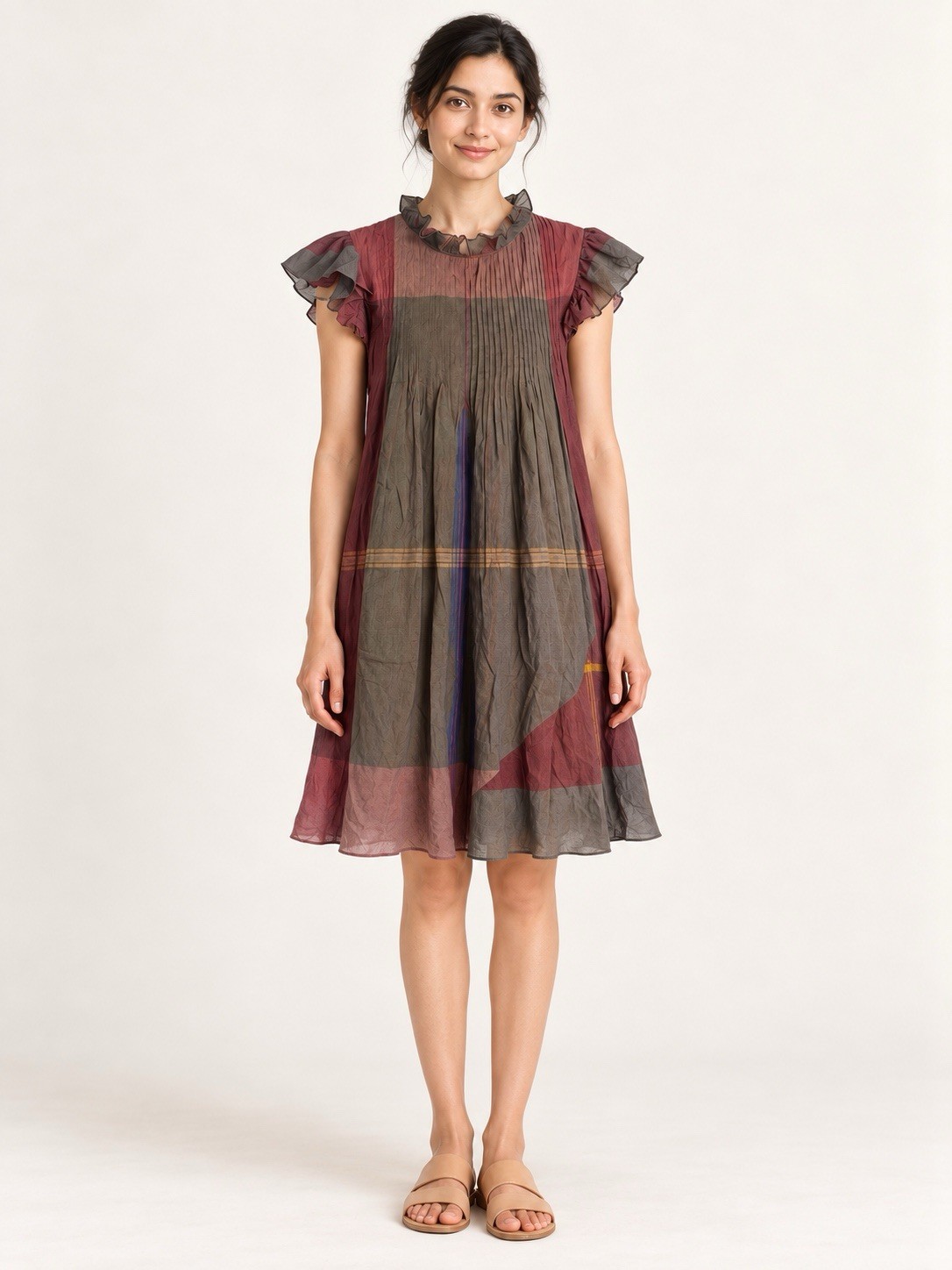 Sea New York Plaid Ruffle Sleeve Pintuck Dress
