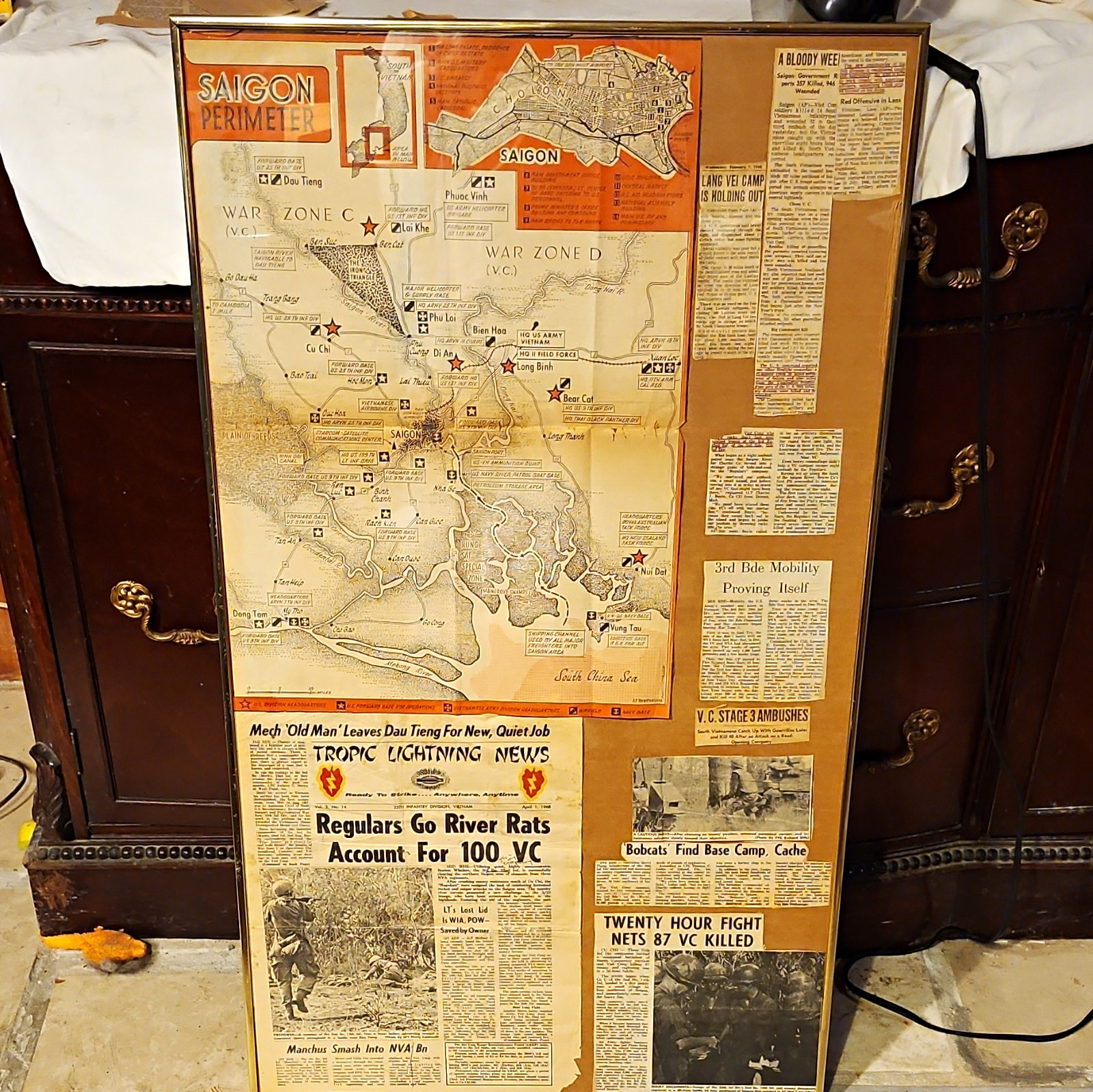 Original Vietnam War Militaria Saigon Perimeter Map w/ Tropic Lightning News