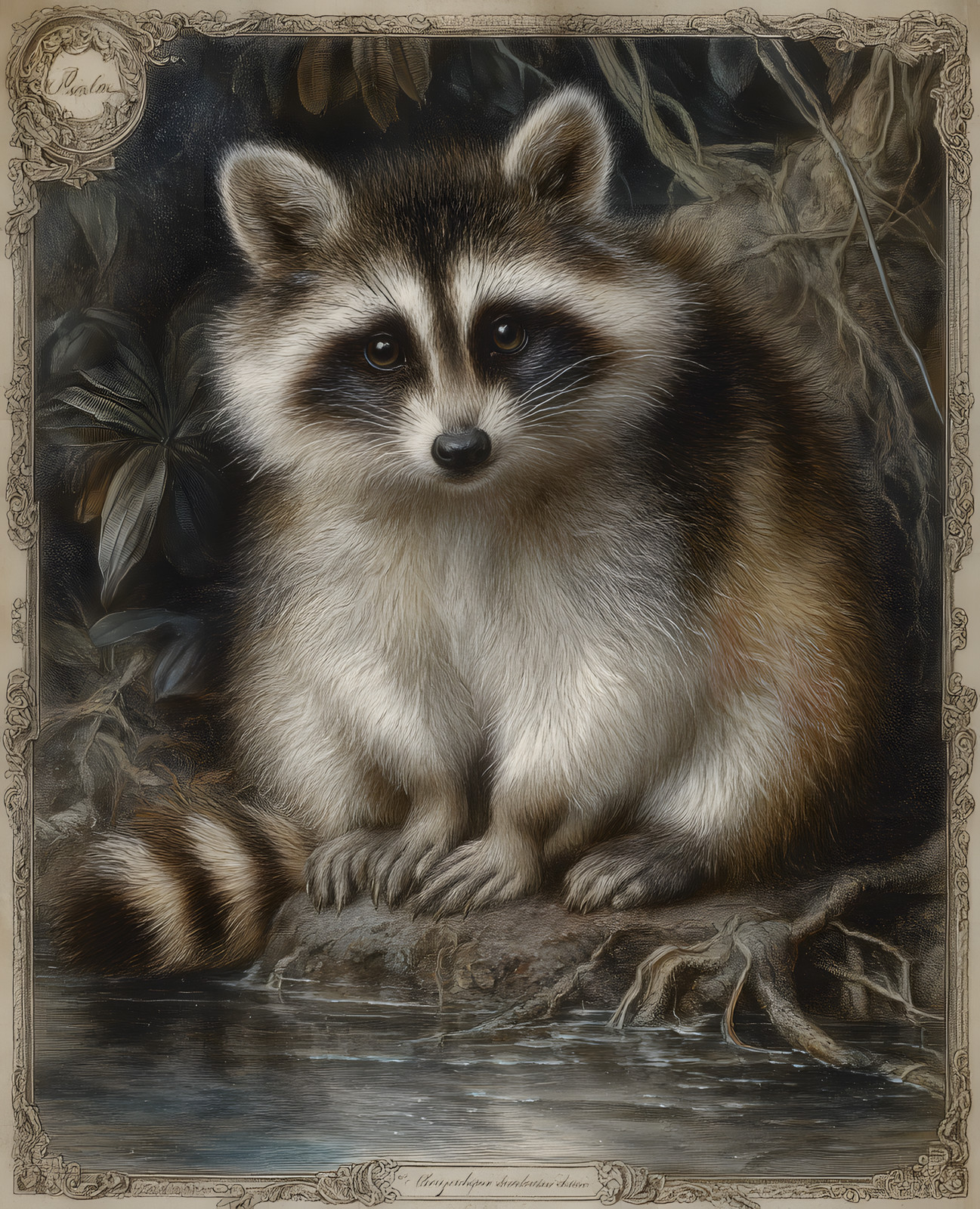 Young Raccoon at Shadowy Water in Ornate Forest Frame Print - 110193560