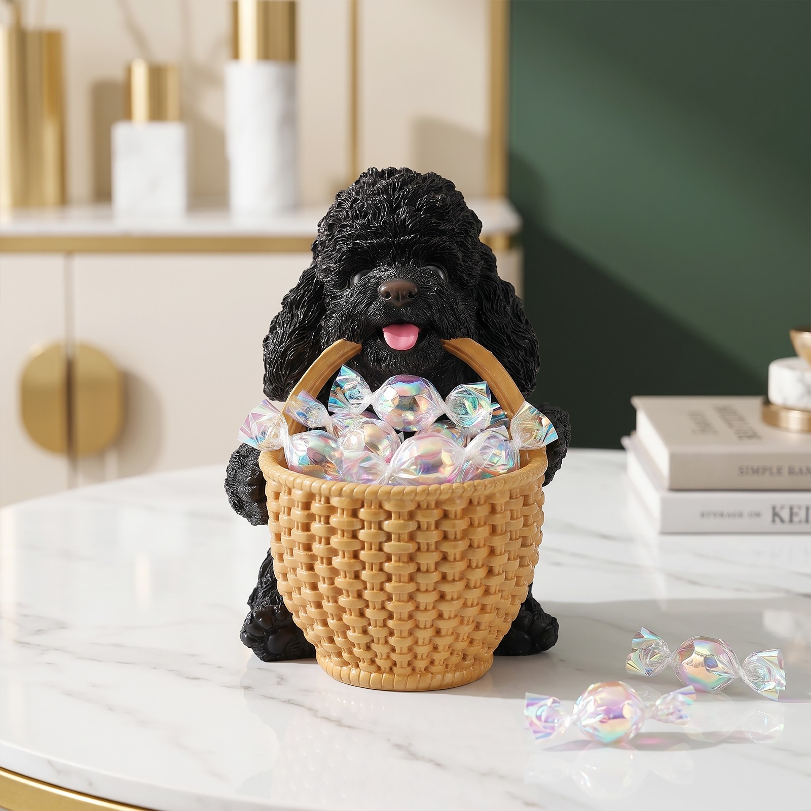 Black Poodle Dog Statue with Basket Storage Bowl Resin Key Holder