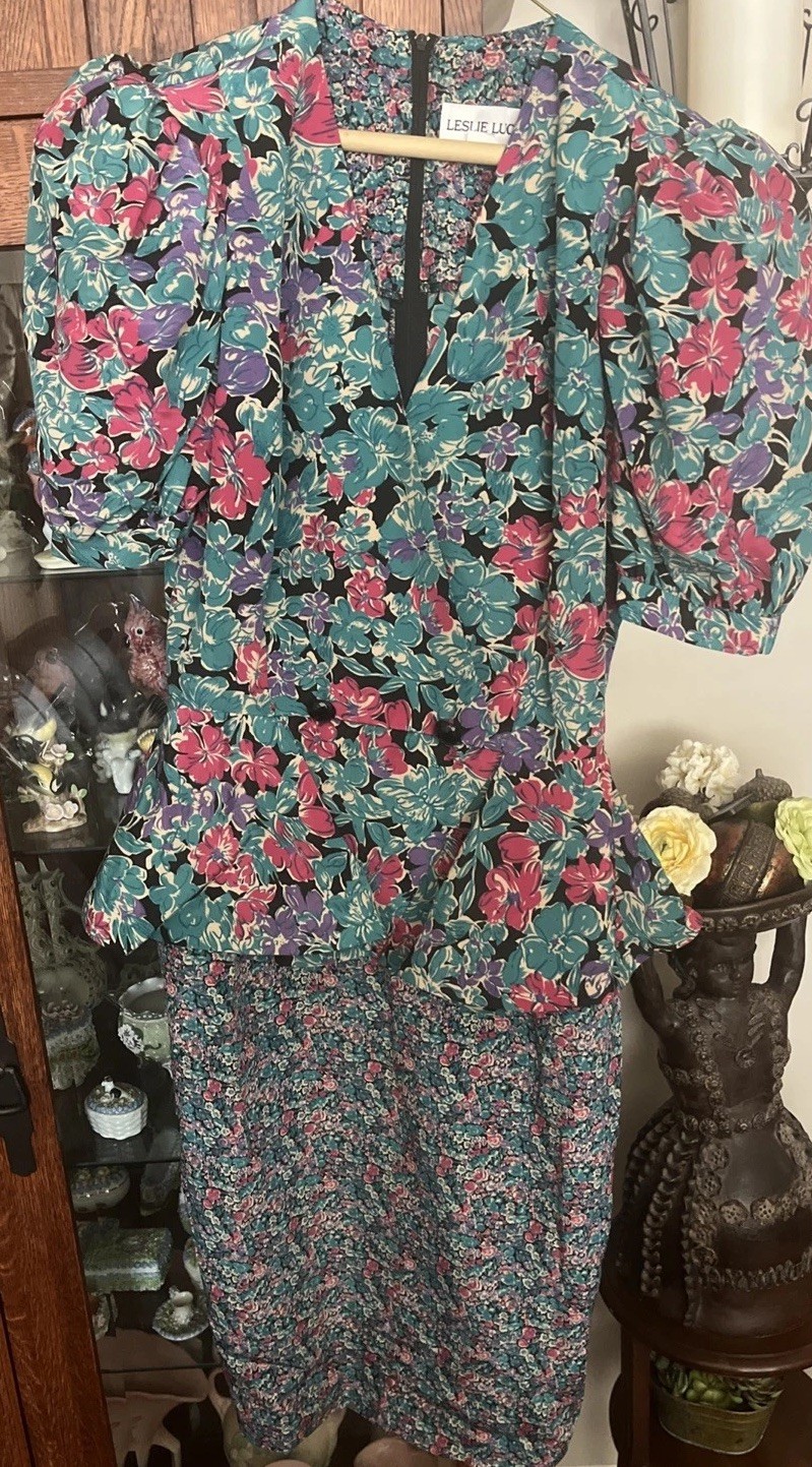 Vintage Leslie Lucks Peplum Puff Sleeves Floral Dress Sz  8 Dry Clean Only