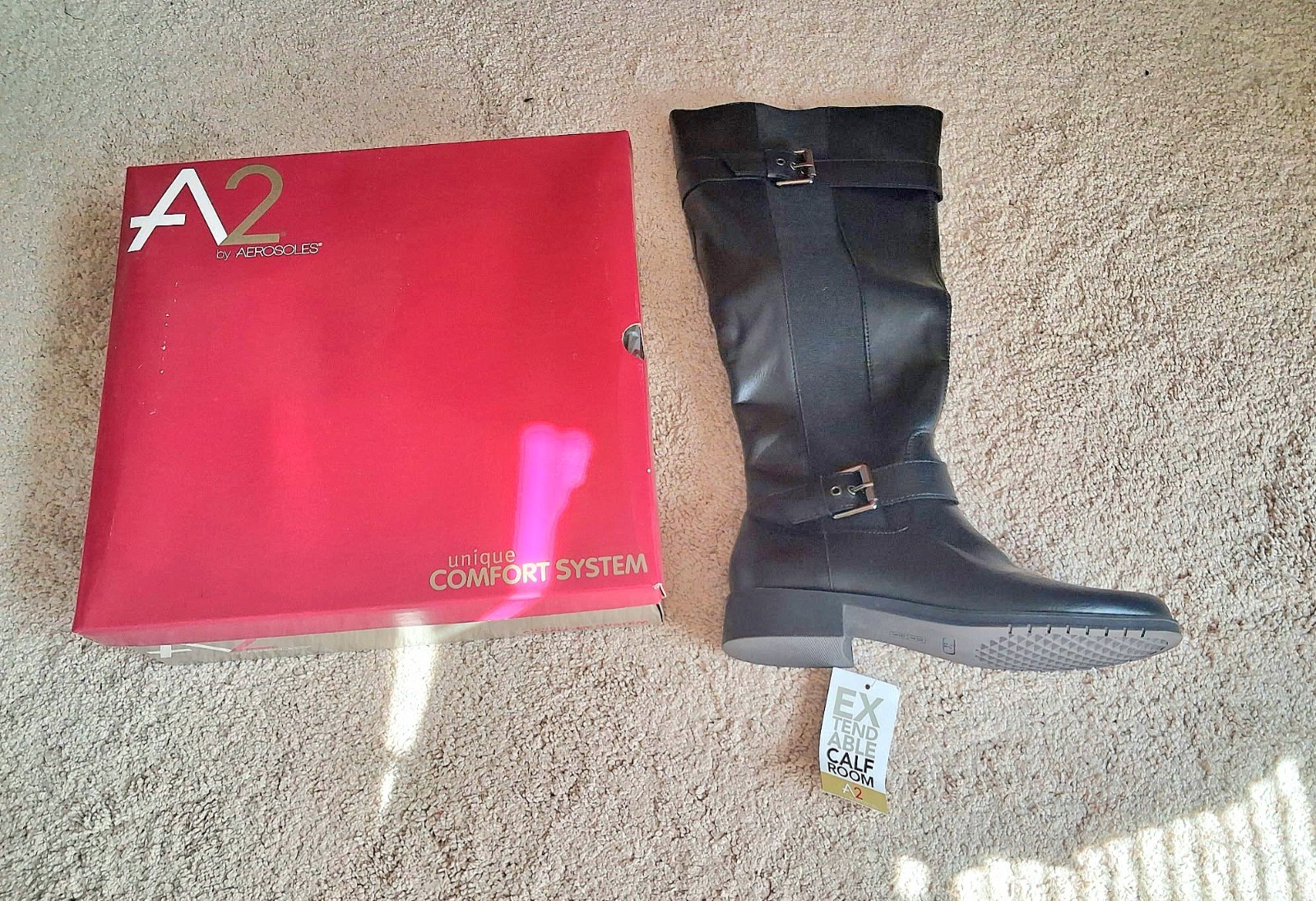 NEW Aerosole RIDE OUT Equestrian Black Leather Tall Boots Knee High 8M