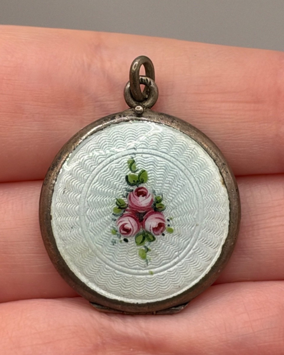 Vintage 800 Silver Guilloche Enamel Flower Locket Pendant Estate