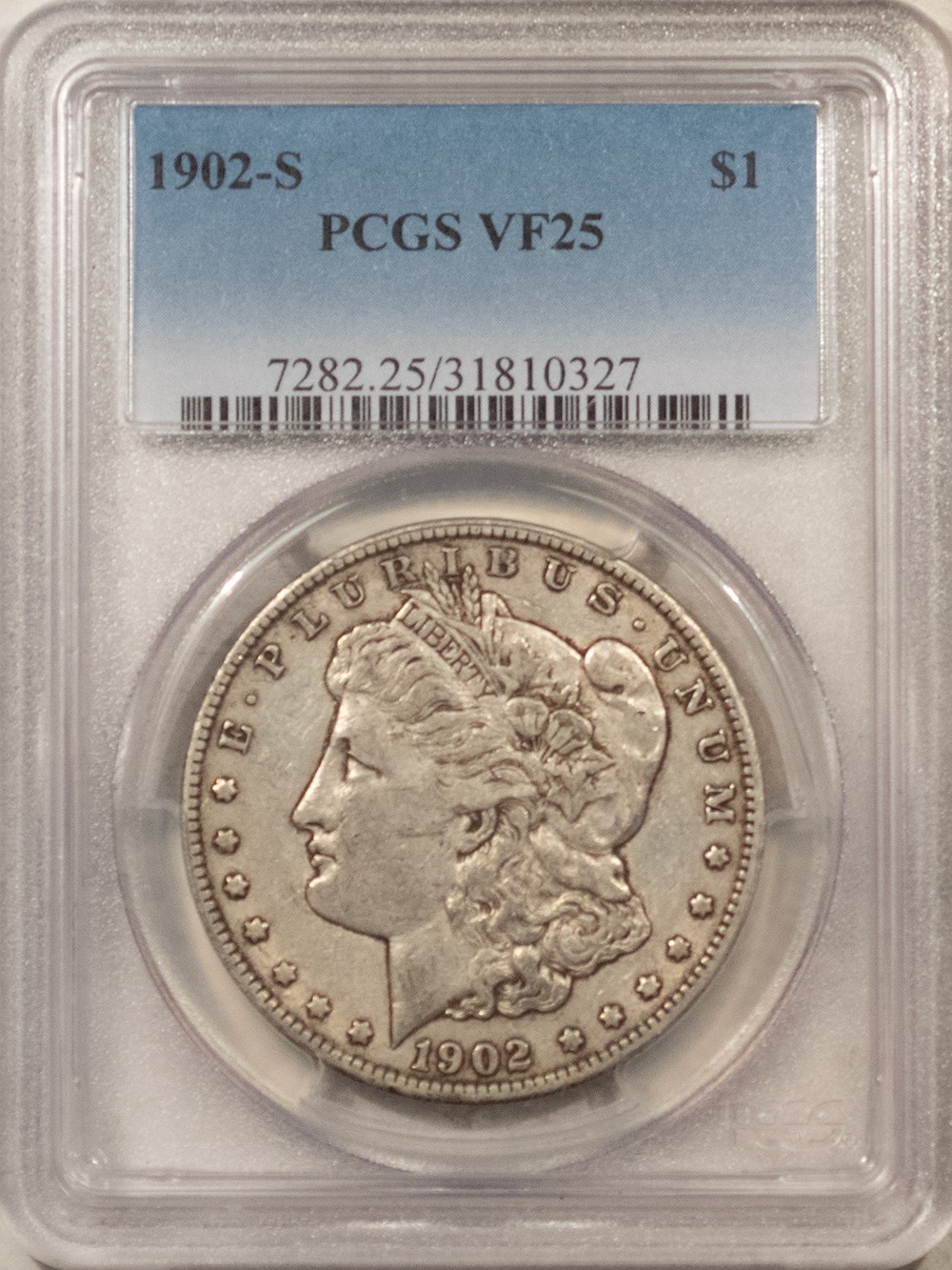 1902-S $1 MORGAN DOLLAR - PCGS VF-25, TOUGH IN CIRC 1902-S $1 MORGAN DOLLAR - PCGS VF-25, TOUGH IN CIRC