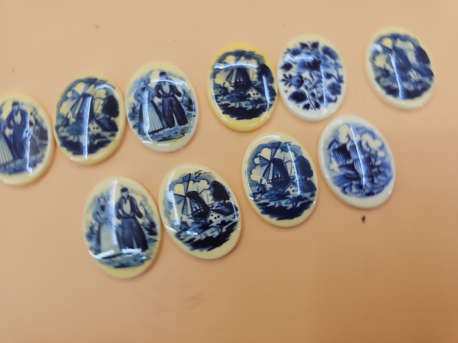 Vintage West German Plastic Cabochon Blue Dutch Boat Wiindmill Decal Vintage West German Plastic Cabochon Blue Dutch Boat Wiindmill Decal
