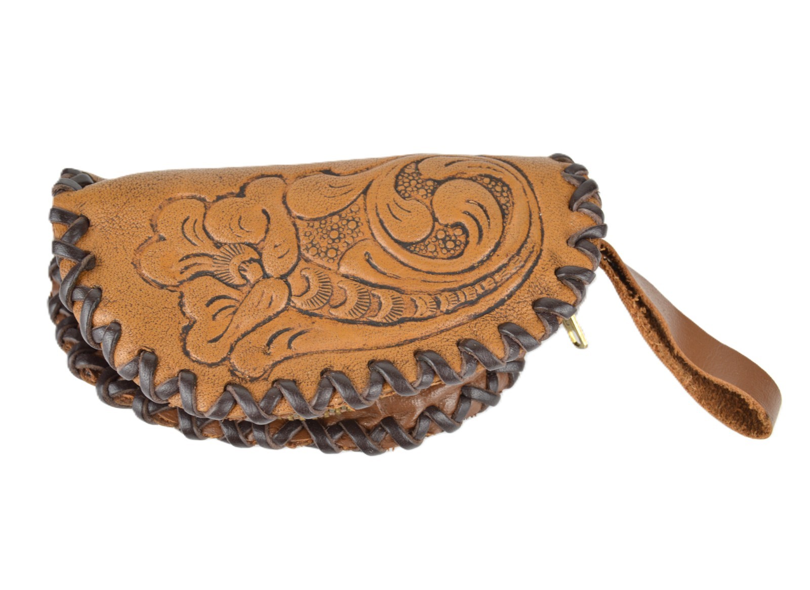 Vintage Hand Tooled Leather Coin Purse Wristlet Floral Western Change Pouch 4\