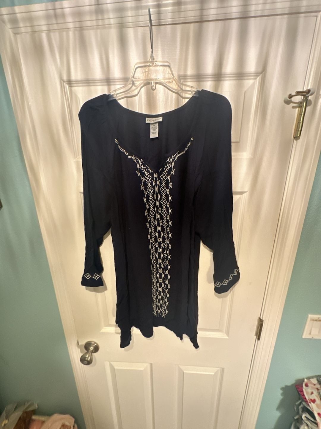 Catherines Navy Blue Rayon Embroidered Split Neck Tunic Top Size OX