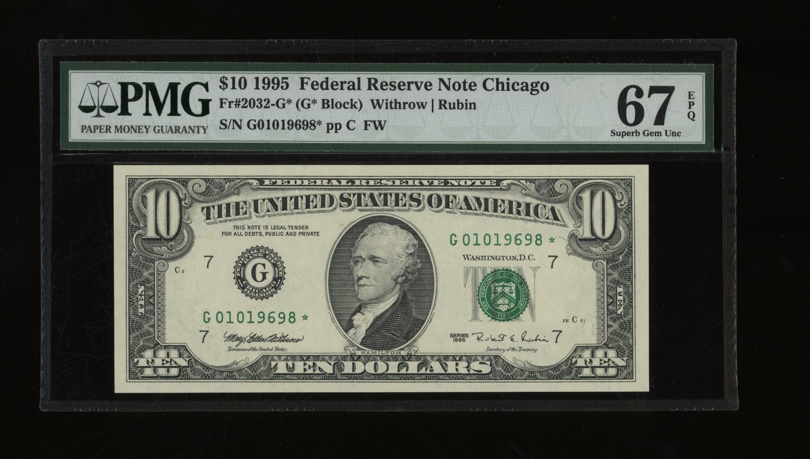 DBR 1995 $10 FRN Chicago STAR Superb Gem Fr. 2032-G* PMG 67 EPQ Ser # G01019698*