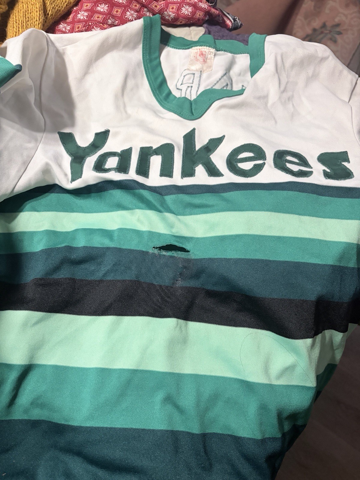 Vintage 80s Hamilton High Yankees Varsity Jersey Alvarado #2 Green Striped Flaw