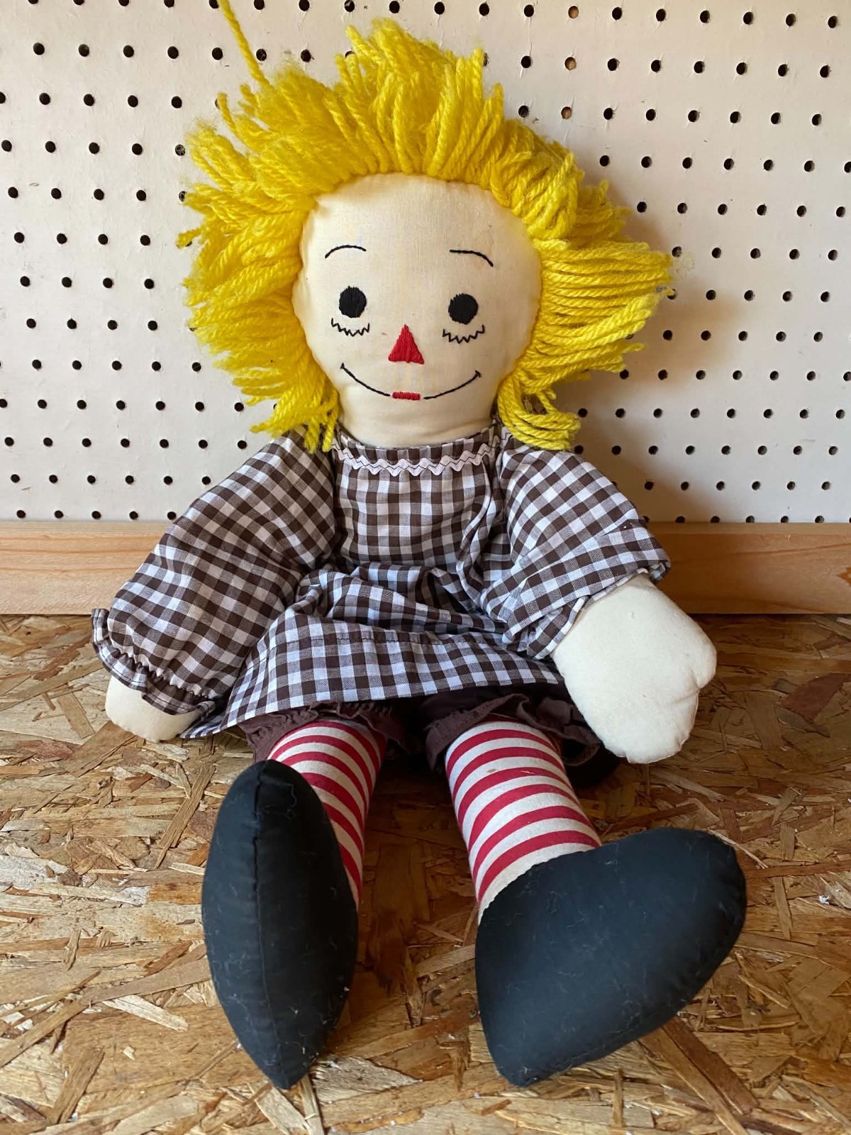 Vintage Handmade Rag Doll Yellow Yarn Hair Gingham Dress Primitive Folk Art Doll