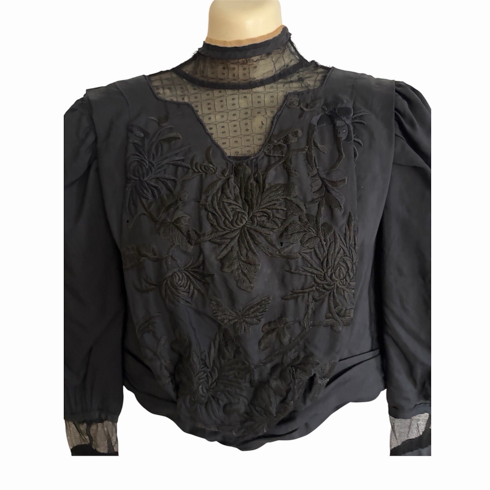 Antique Victorian Mourning Bodice Black Silk Embroidered Boned c1890s Study