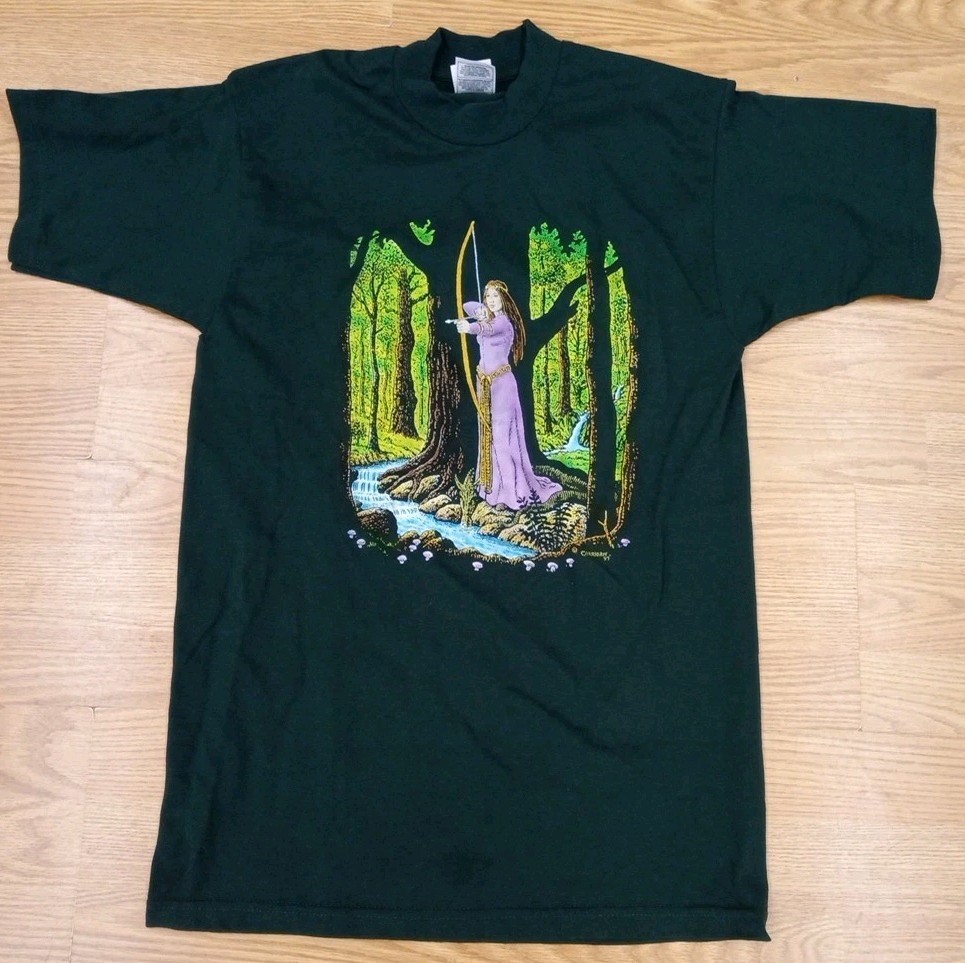 Vintage 1997 David Carrigan Art Shirt Fairy w/ Bow In The Forest T Shirt M Green