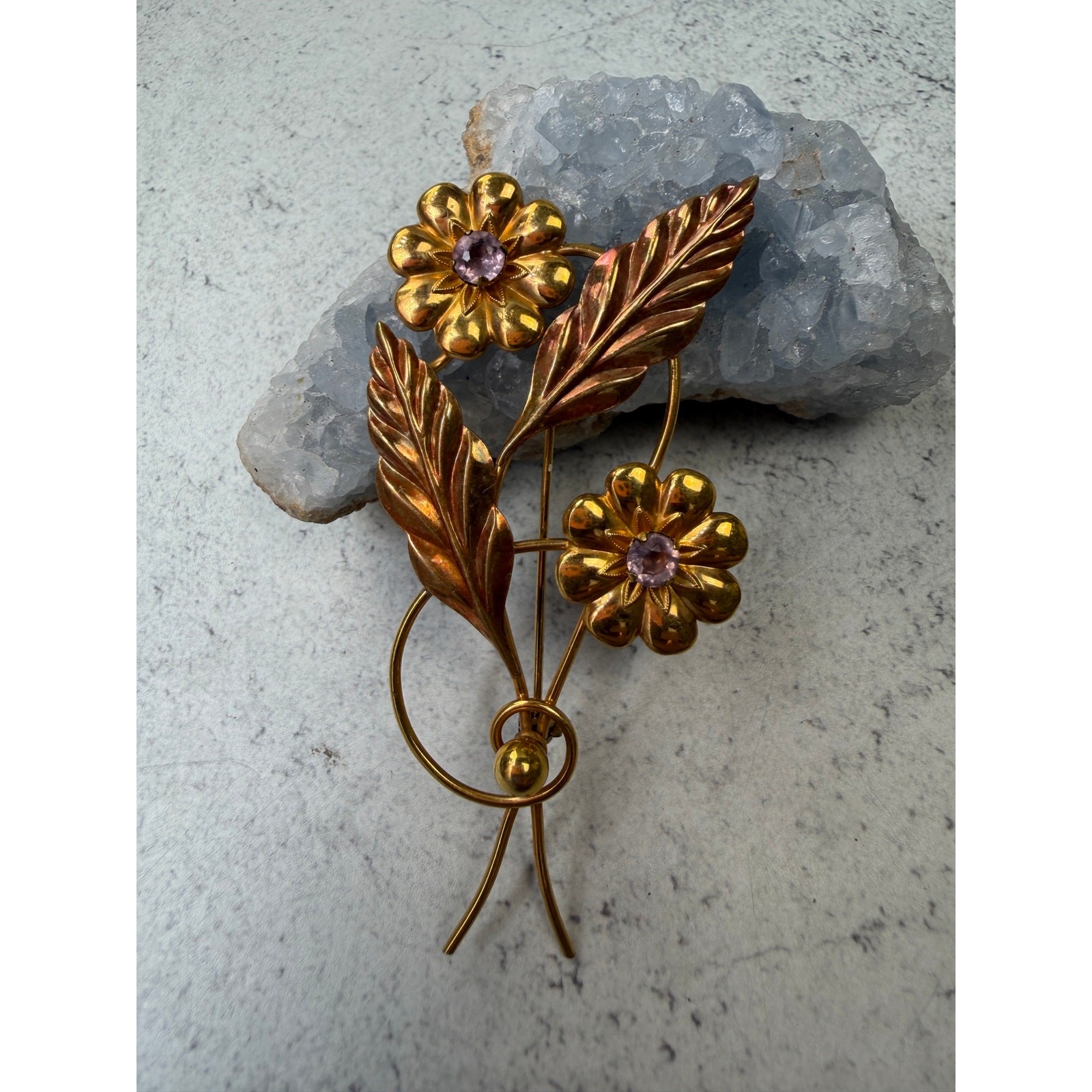 Vintage Hobson 1/20 12k Gold Filled Floral Brooch Pink Crystal Flower Bouquet