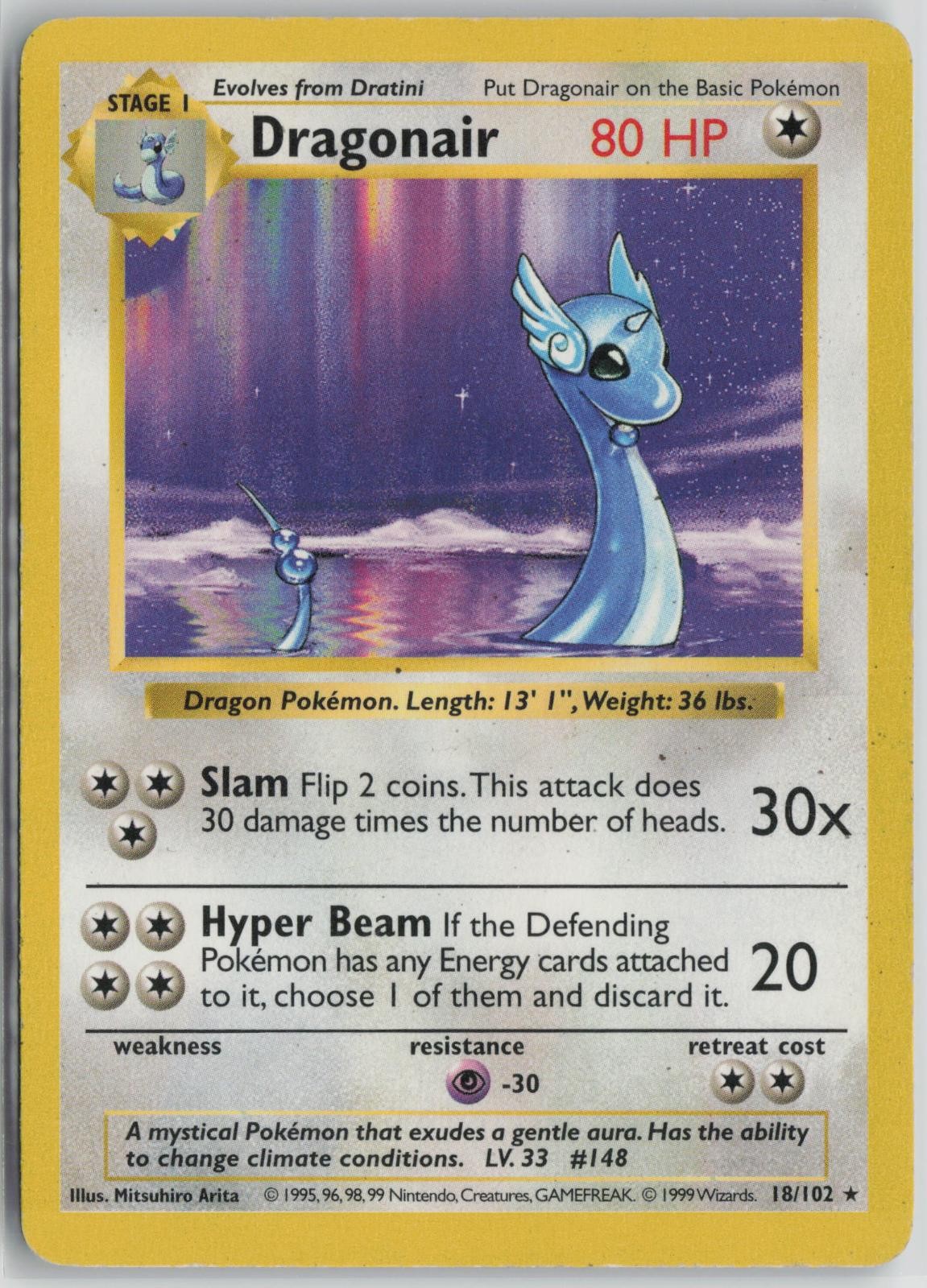 Dragonair 18/102 Rare Base Set Shadowless Pokemon Unlimited Moderately Played