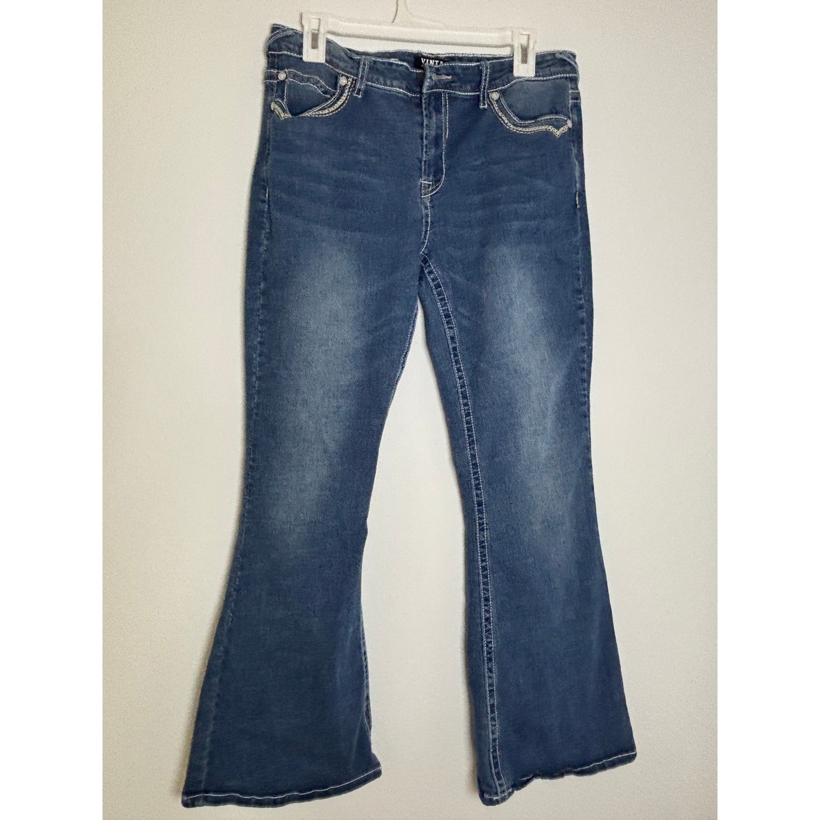 Vintage Almost Famous Flare Jeans Medium Wash Blue Embroidered Pockets Size 13