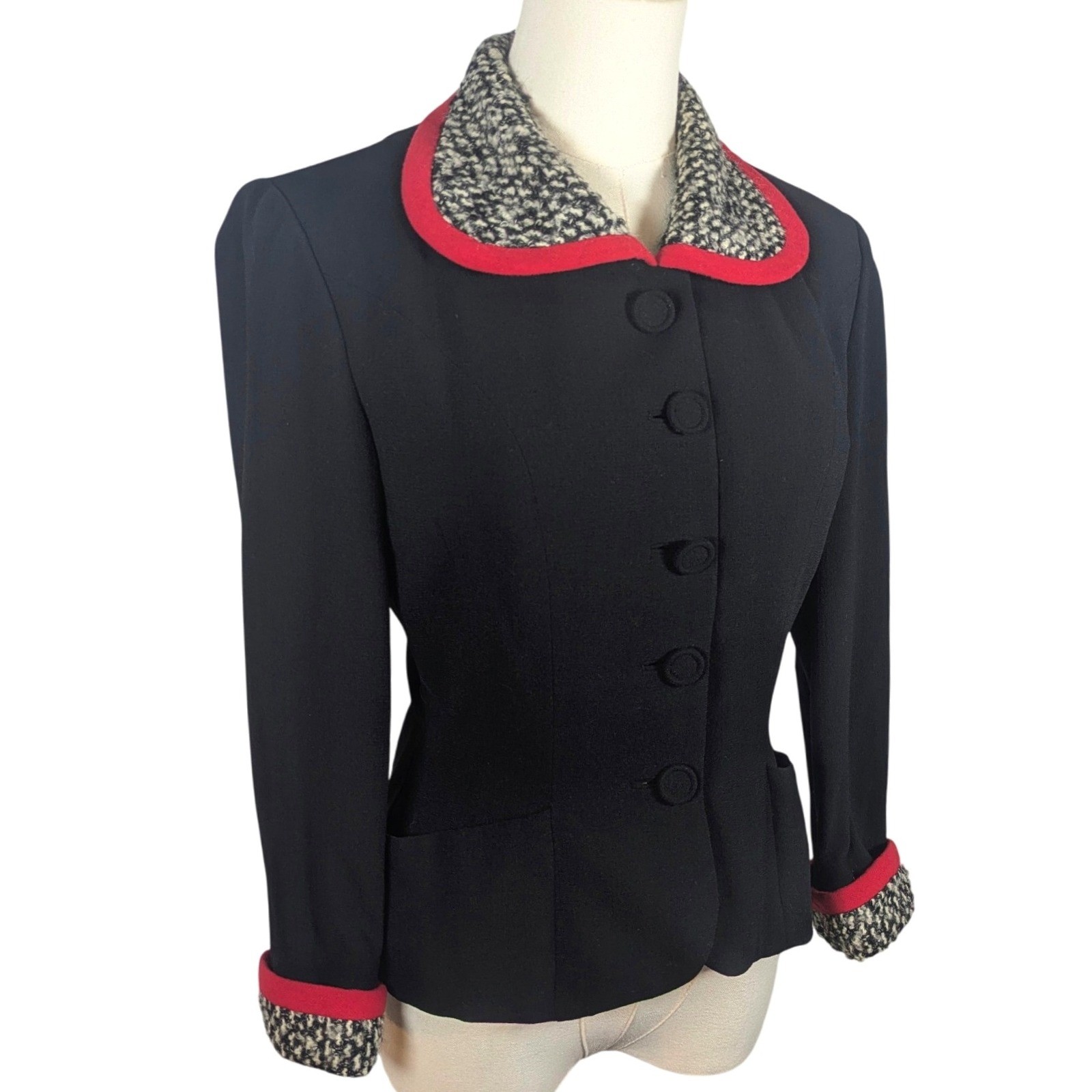 Vintage 1940s Red Trim Tweed Wool Blazer Fitted Nipped Waist Jacket