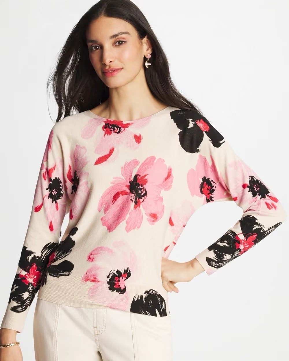 Chico\'s Pullover Sweater Blooms Dolman Sweet Blossom Size: XL NWT