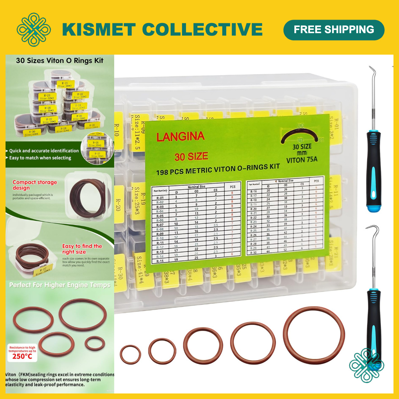 198PCS Viton O Ring Kit, 30 Sizes, 75A Shore, High Temp Resistance, Sealing Gask