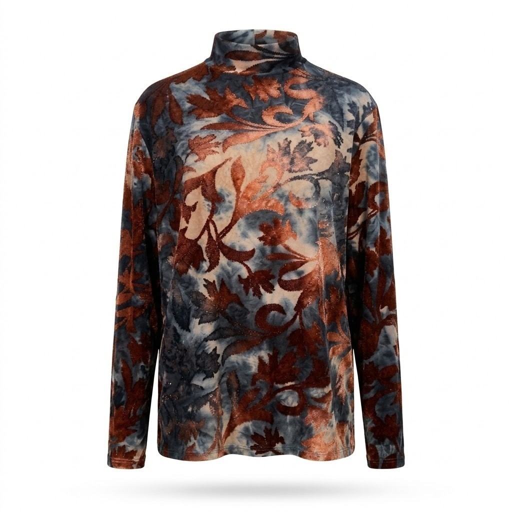 NEW Investments Woman 2X Mock Neck Top Brown Black Floral Burnout