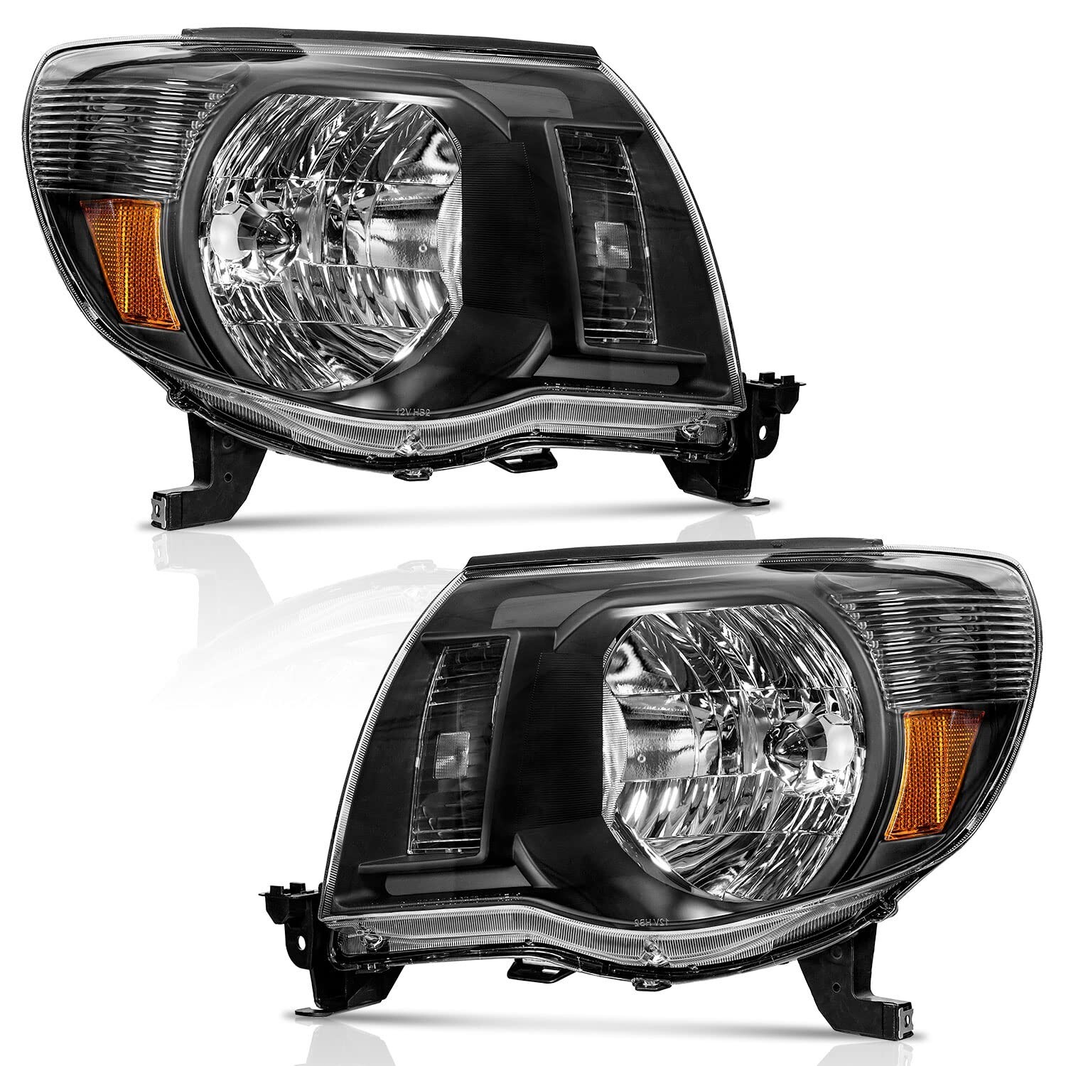 WEELMOTO Headlights For 2005-2011 Toyota Tacoma Headlamps Left+Right Black Lamps