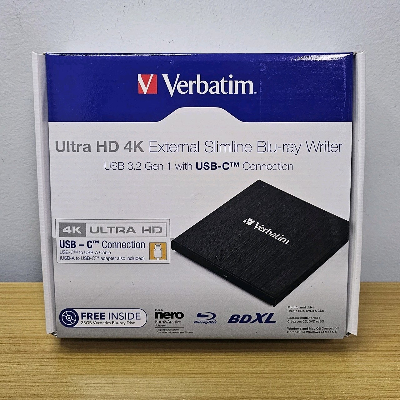 Verbatim Ultra HD 4K CD DVD Blu-ray Writer USB 3.2 GEN 1 USB-C Connect, Slimline