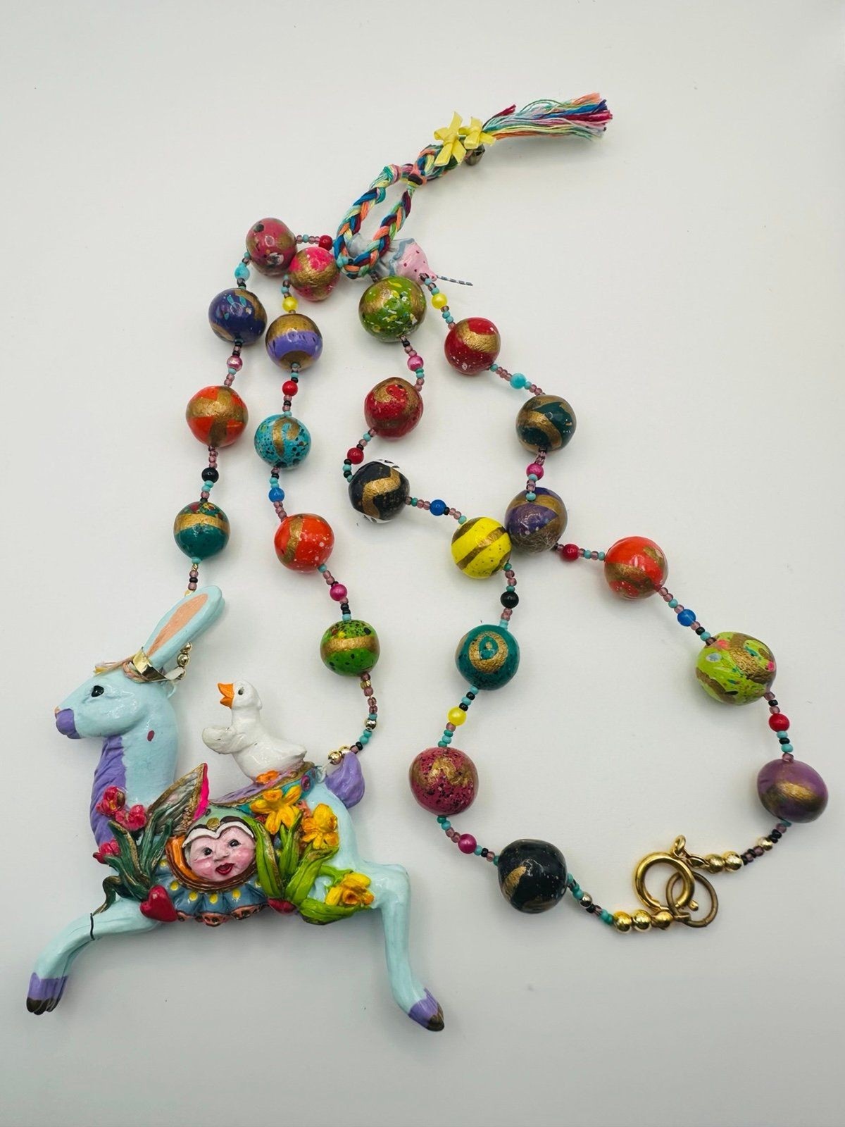 Vintage artisan handcrafted painted wooden lama duck necklace 31” Vintage artisan handcrafted painted wooden lama duck necklace 31”