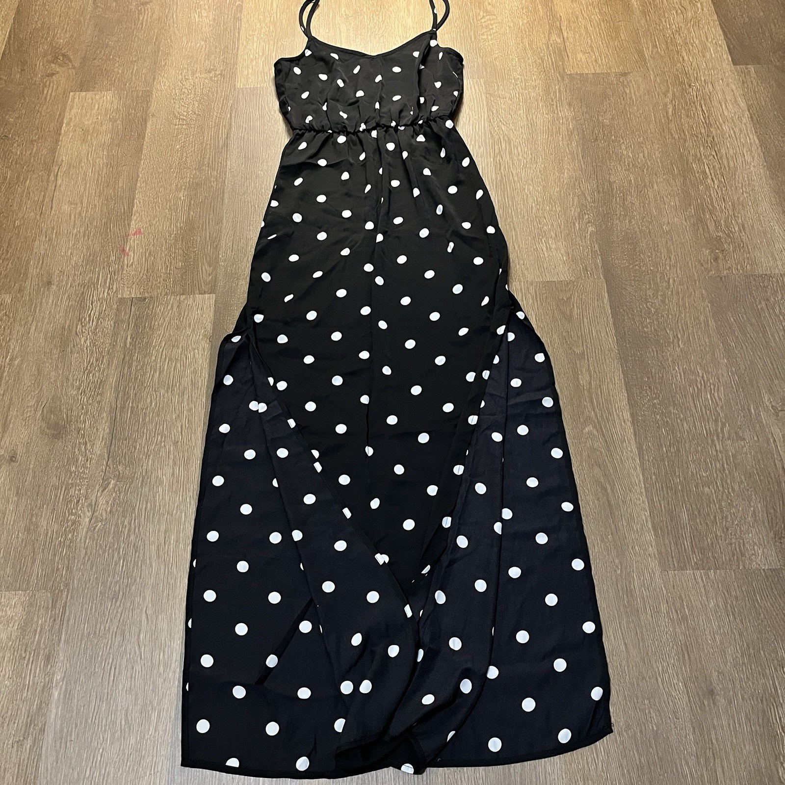 H&M Black White Polka Dot Maxi Dress Spaghetti Strap Flowy XS