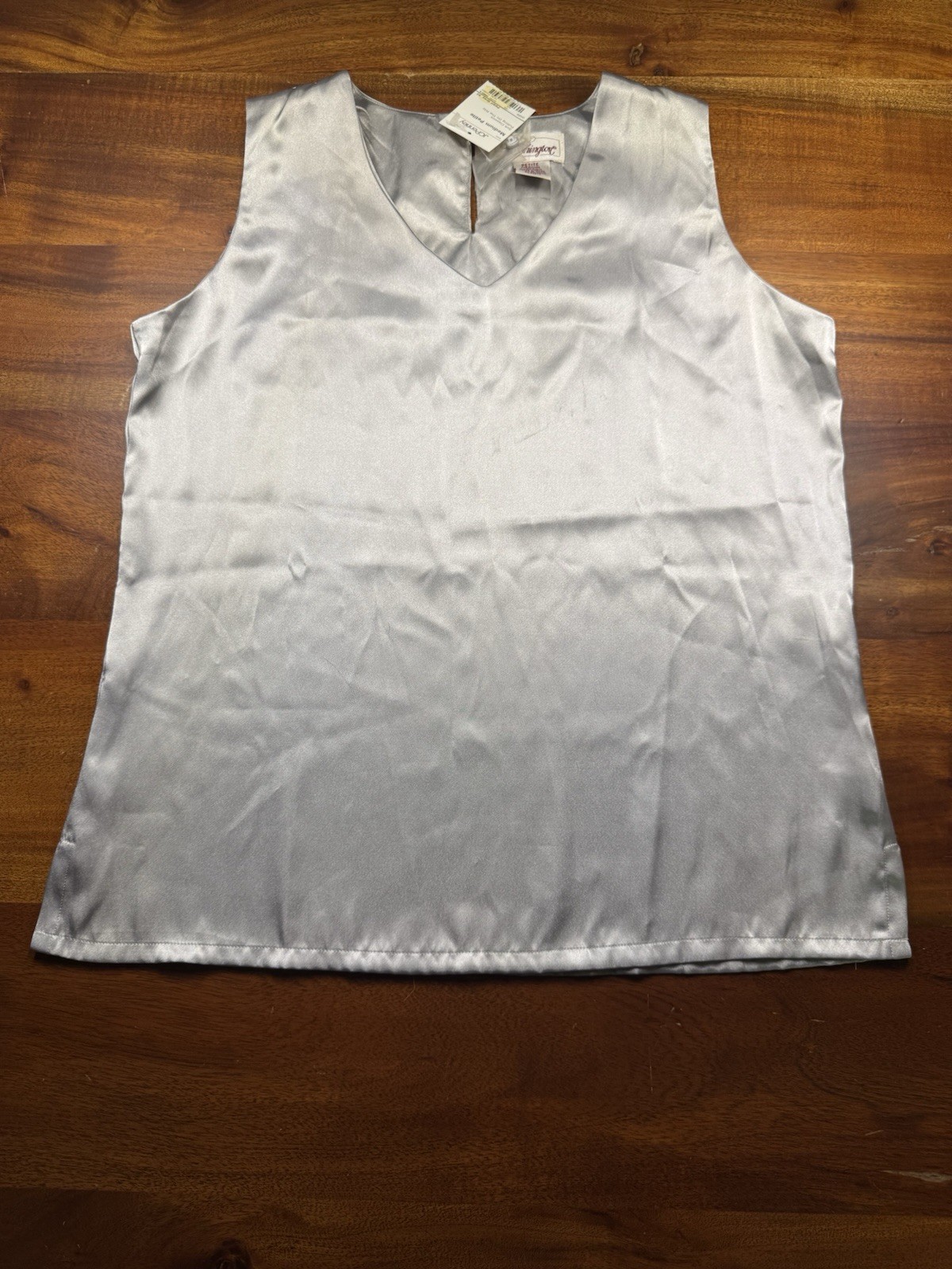 Worthington Vintage Satin Blouse V-Neck Silver Gray Sleeveless Top NWT Sz MP Worthington Vintage Satin Blouse V-Neck Silver Gray Sleeveless Top NWT Sz MP