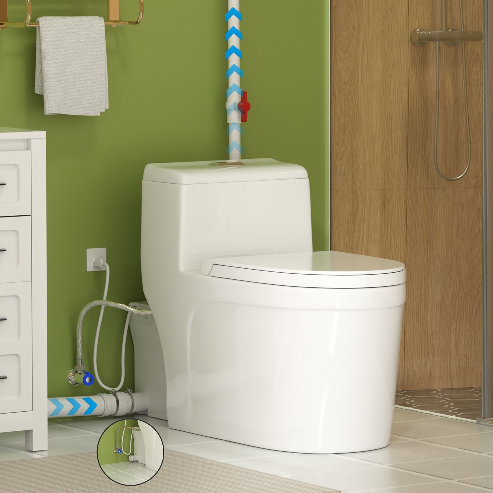 600W One Piece Macerating Toilet System Upflush Toilet with Pump 3 Inlets