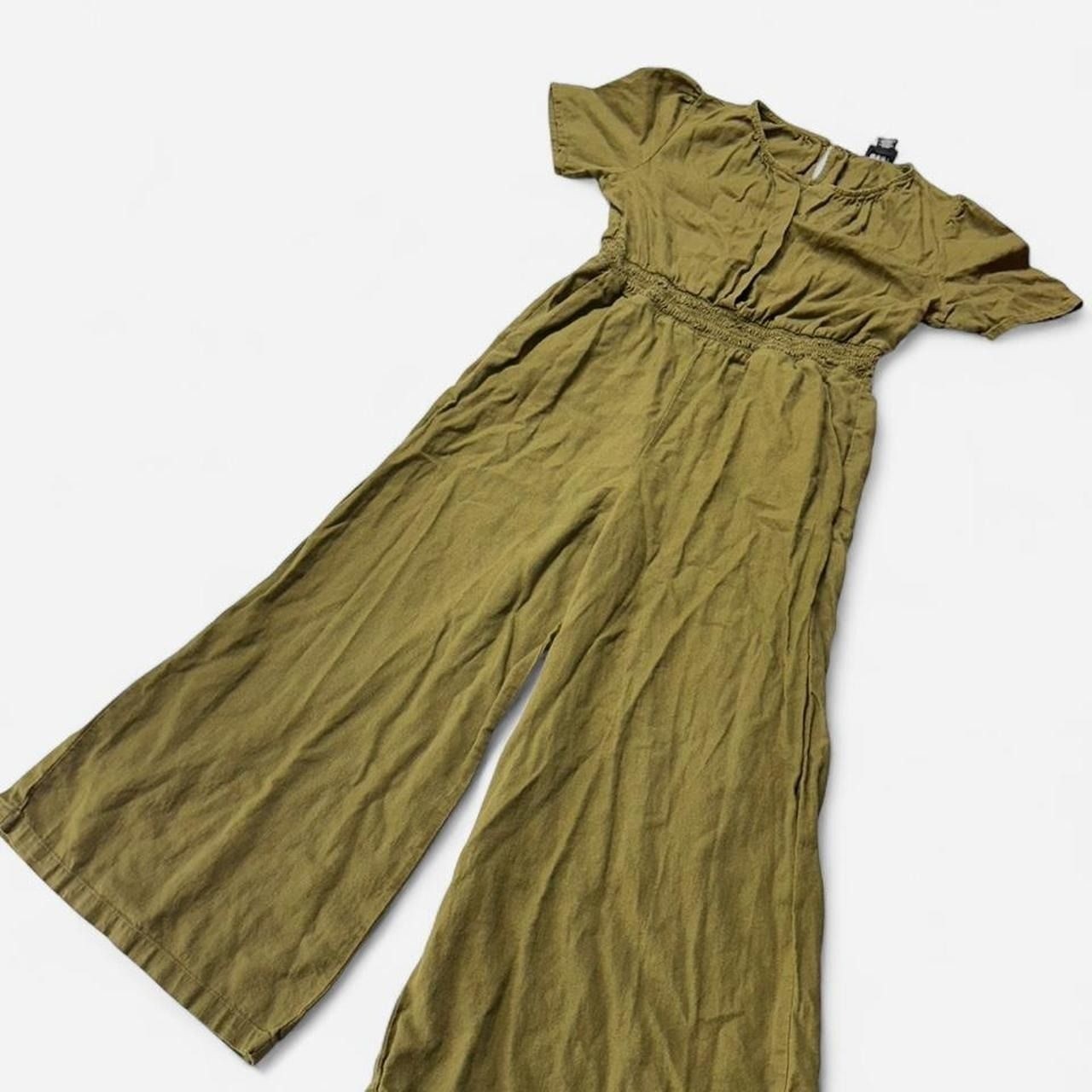 Nicole Miller New York Olive Green Linen Blend Smocked Waist Wide Leg Jumpsuit M
