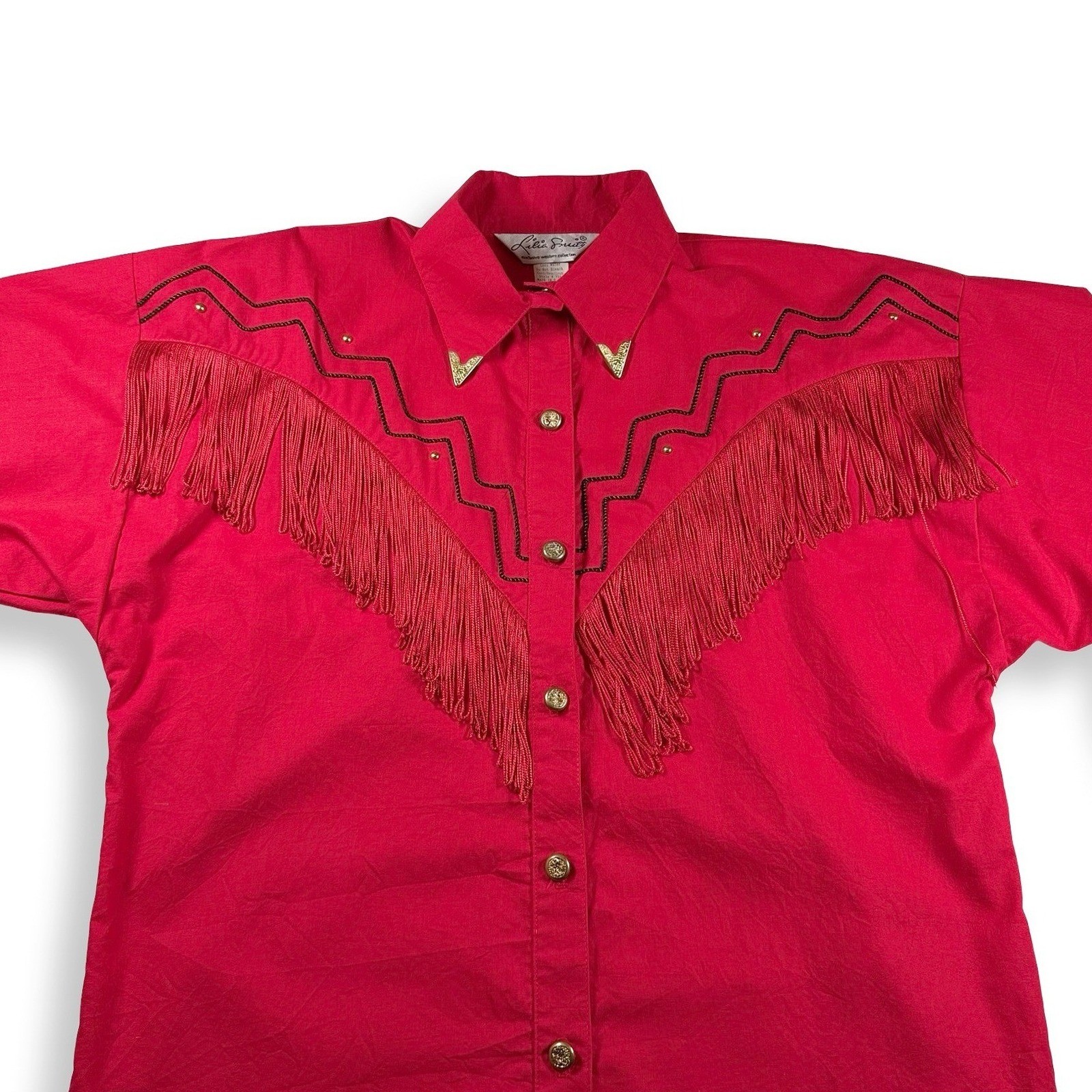 Lilia Smitty Red Western Fringe Button Down Shirt Gold Studs Vintage Large USA
