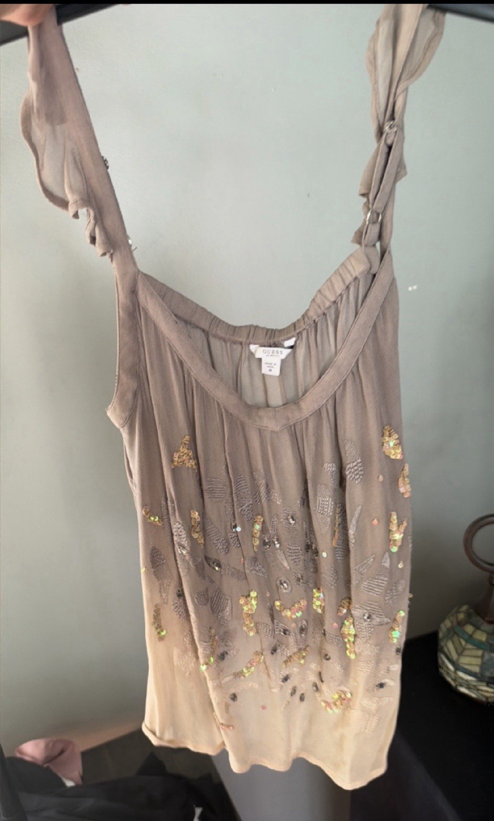 GUESS Women’s Y2K Sequin Embellished Cami Top Ombre Taupe Cream Boho