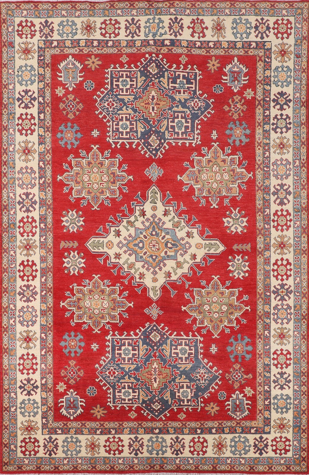 Geometric Traditional Hand-knotted Super Kazak Red Wool Living Room Rug 7\'x10\'