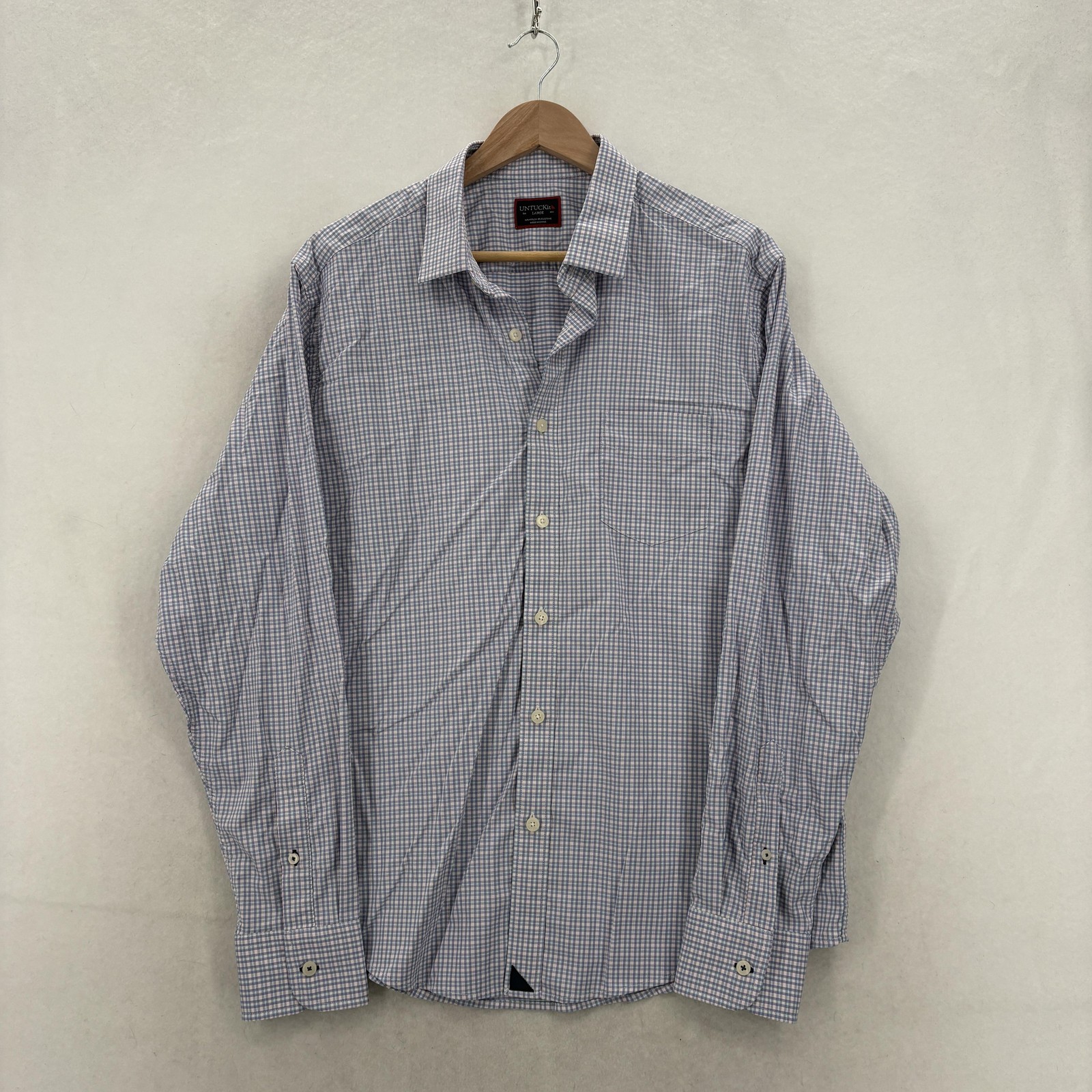 UNTUCKit Dalton Shirt Mens Large Blue Check Long Sleeve Button Up Stretch Nylon