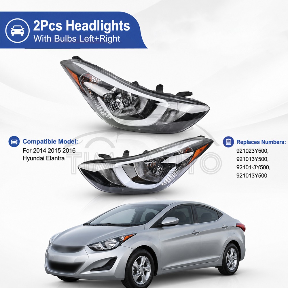 For 2014 2015 2016 Hyundai Elantra Pair Headlight Assembly Left +Right W/Bulbs