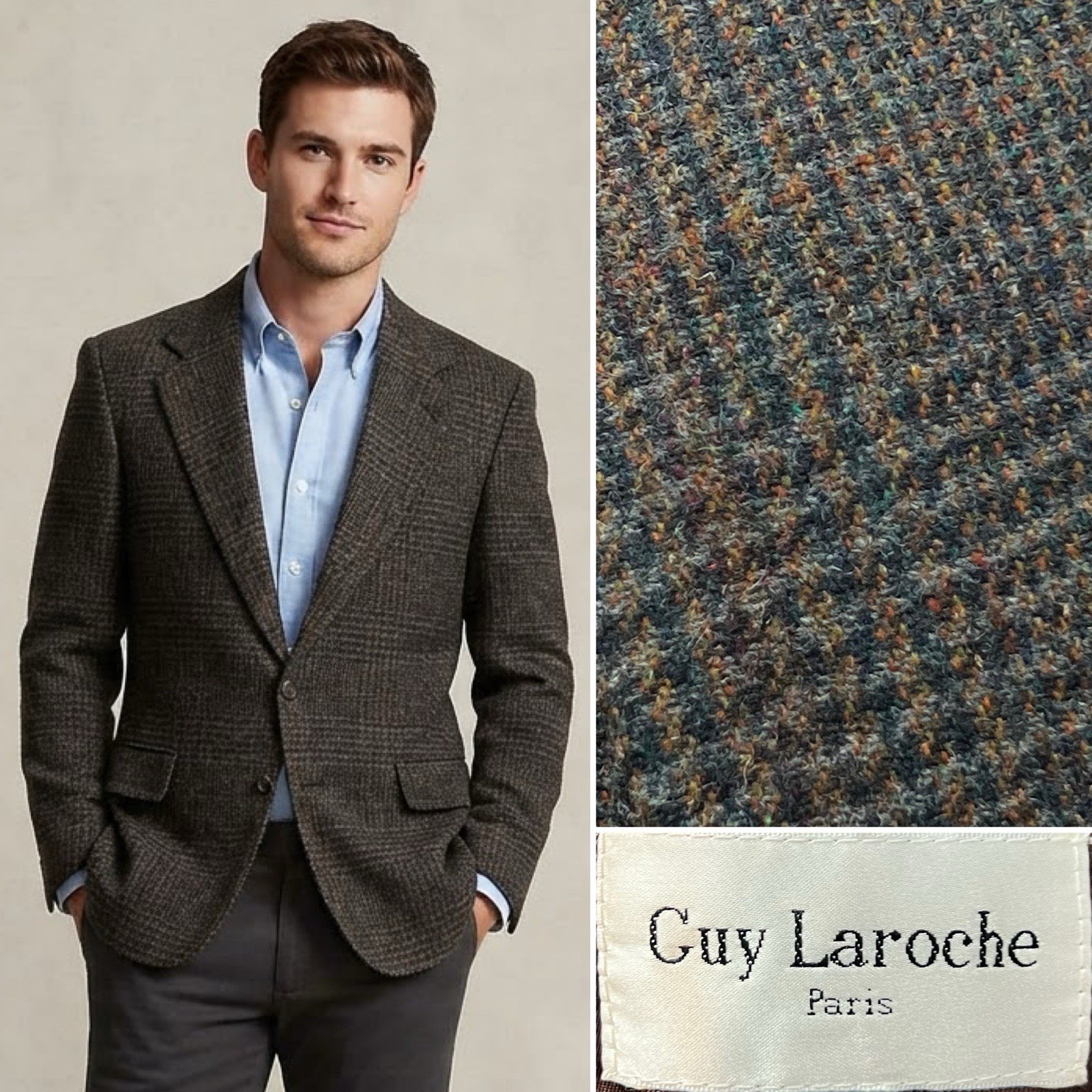 Vintage Guy Laroche Paris Men’s 40R Brown Teal Glen Plaid Tweed Blazer Jacket