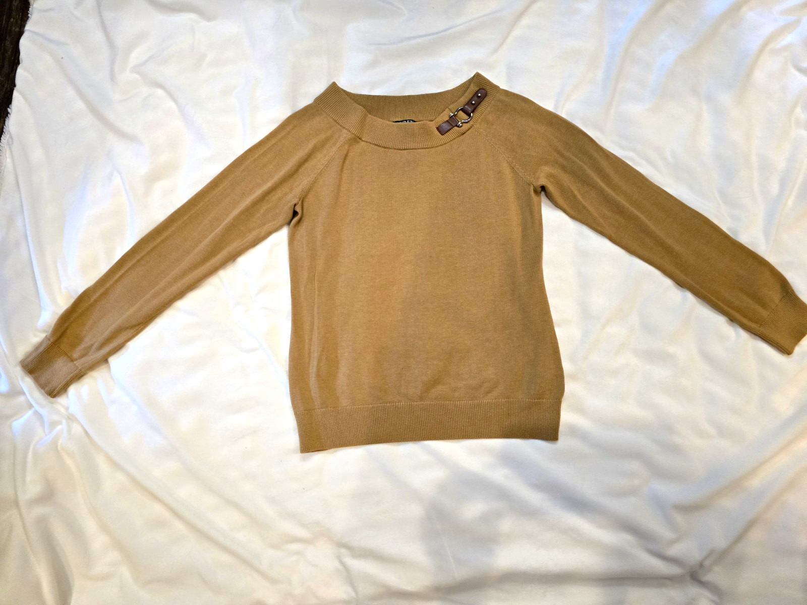 Lauren Ralph Buckle Boat Neck Sweater Womens [M] Tan Cotton Knit