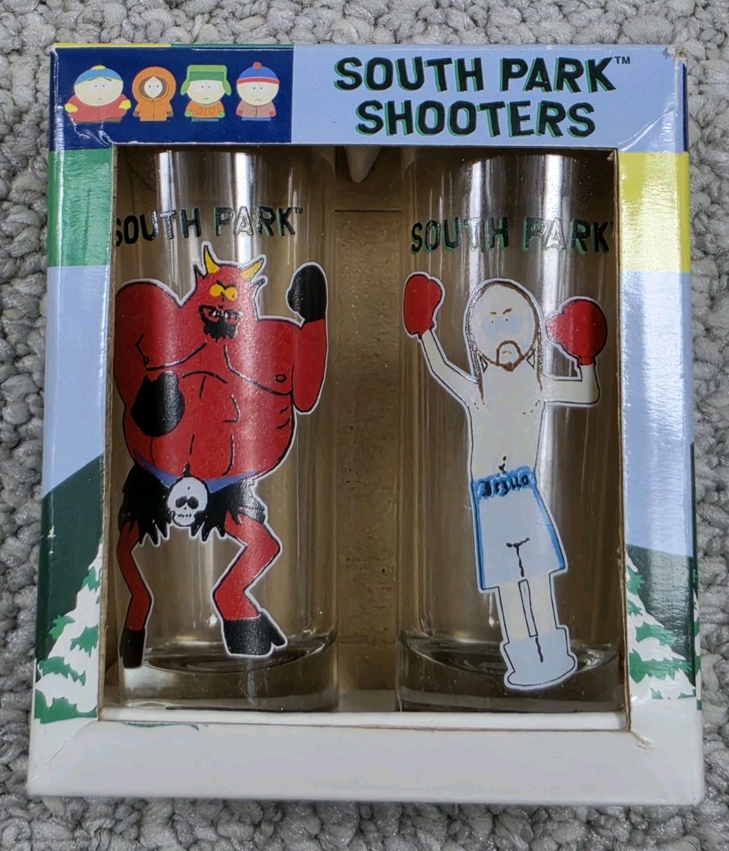 New NOS 1998 Creations South Park Shooter Shot Glasses Satan and Jesus