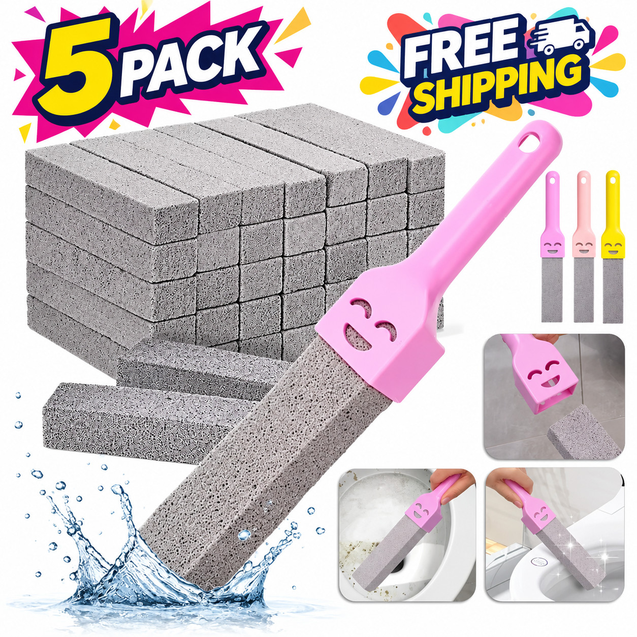 5 Pack Pumice Stone with Long Handle Toilet Bowl Ring Cleaner Limescale Remover