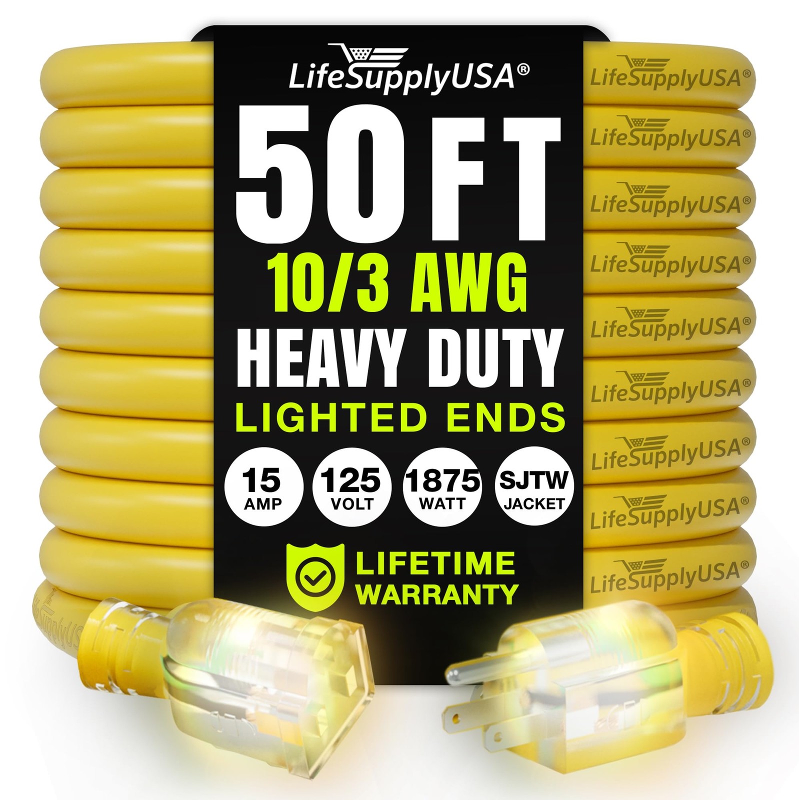 50Ft Outdoor/Indoor Extension Cord 10/3 Gauge Ultra Heavy Duty 3 Prong SJTW, Wat 50Ft Outdoor/Indoor Extension Cord 10/3 Gauge Ultra Heavy Duty 3 Prong SJTW, Wat