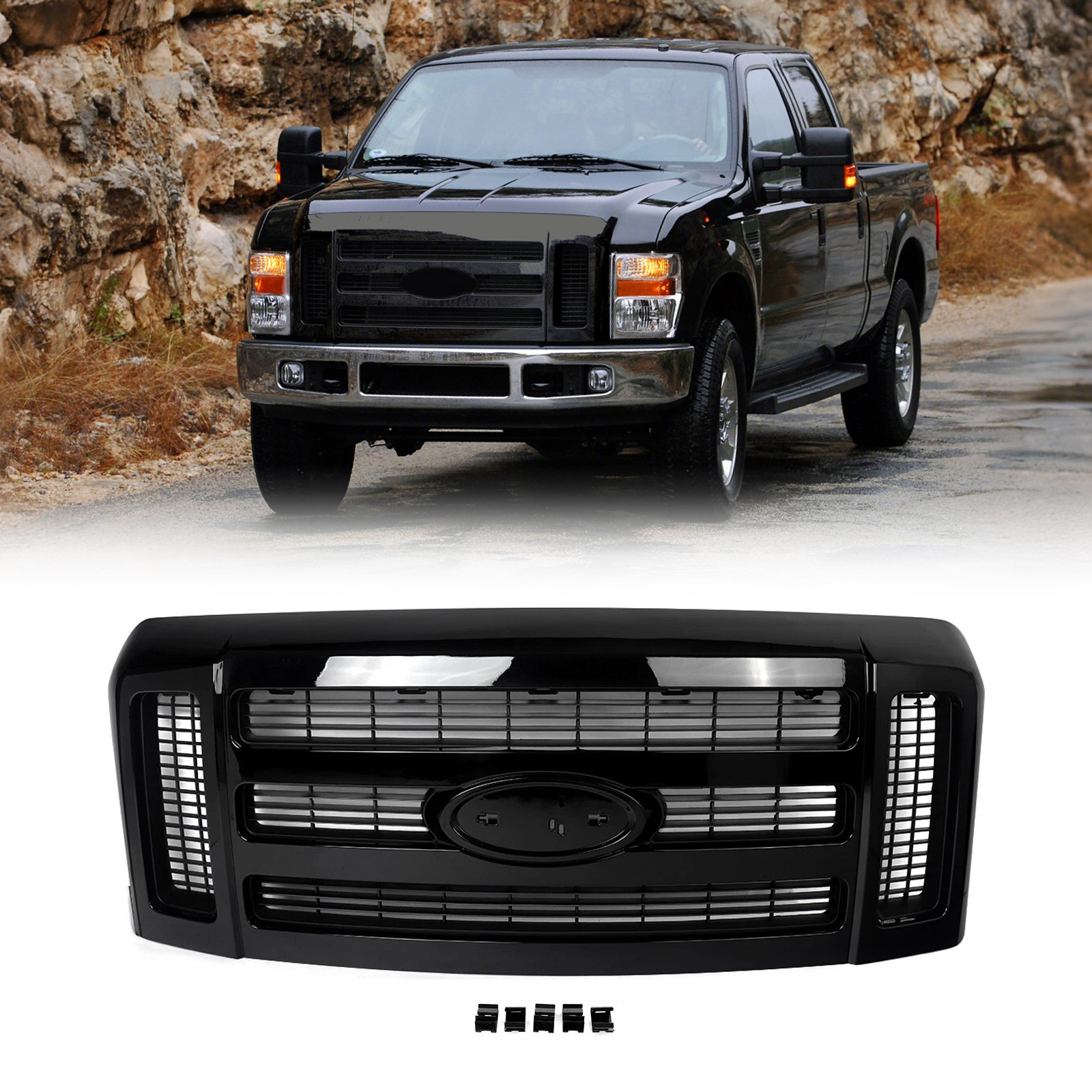 For 2008-2010 F250 F350 Super Duty XLT Style Front Bumper Grille Gloss Black