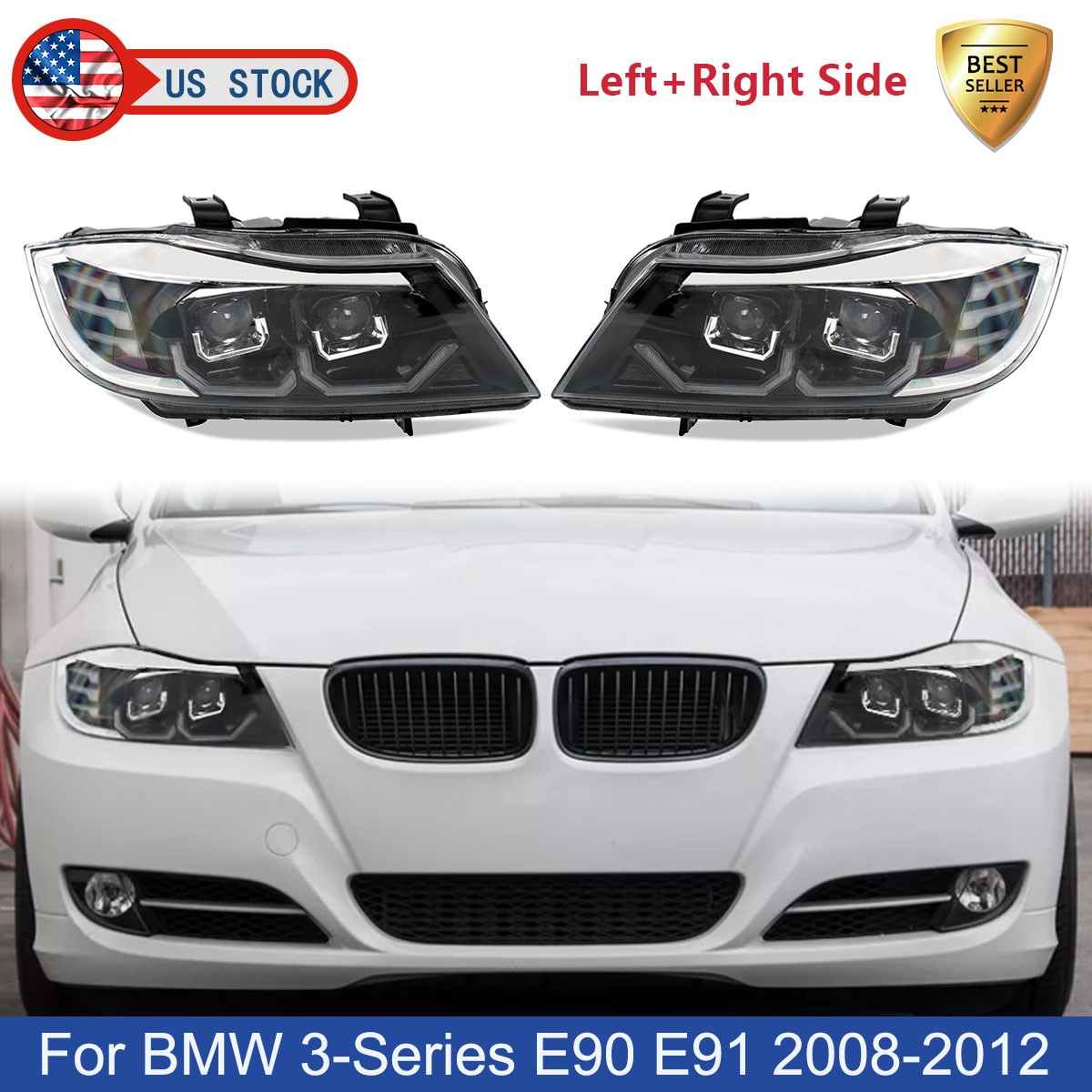 Pair For 2008-2012 BMW 3 Series E90 E91 328i Front Headlight Headlamp Assembly