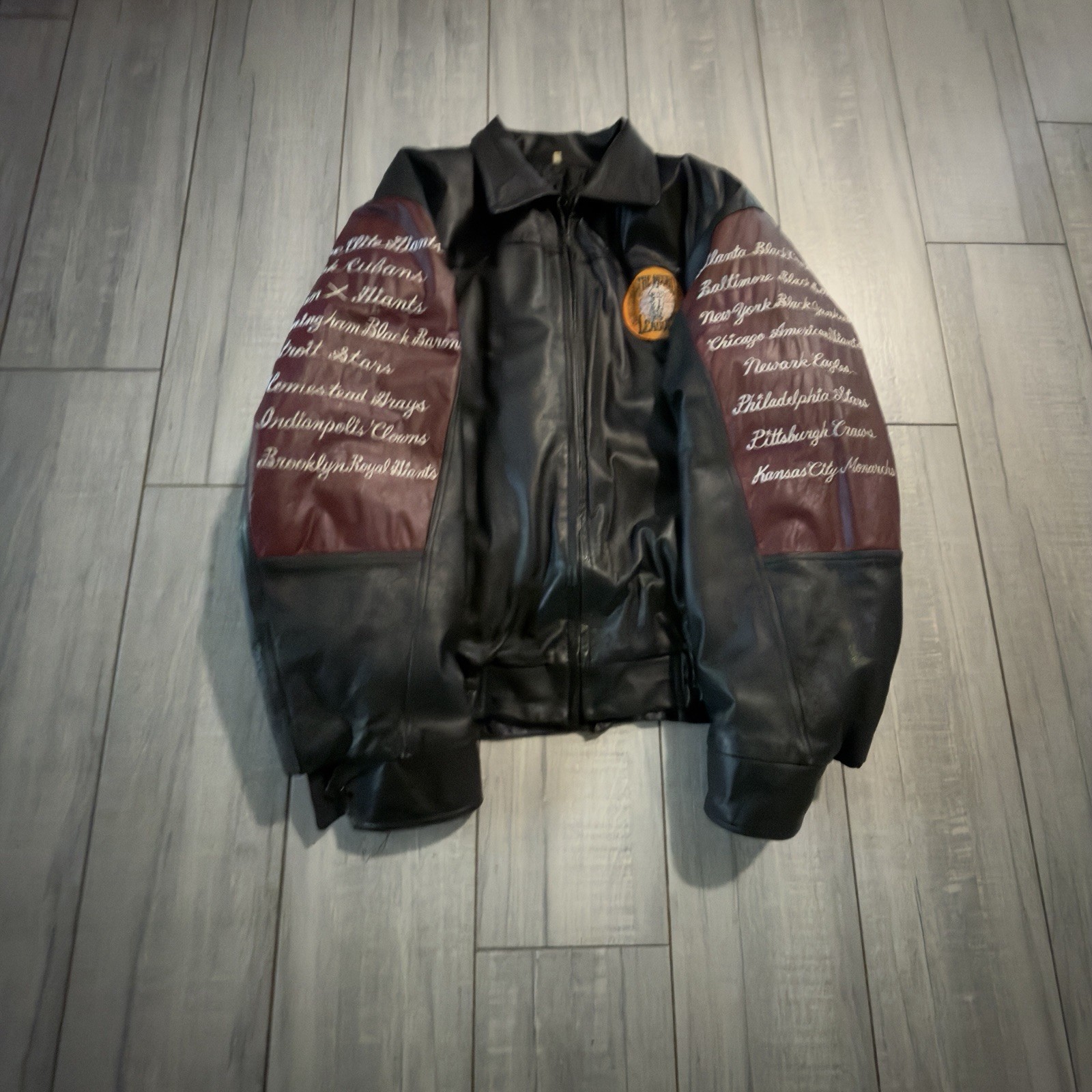 CUSTOM NEGRO LEAGUE LEATHER JACKET WITH SEWN ON PATCHES AND EMBROIDERED TEAMS CUSTOM NEGRO LEAGUE LEATHER JACKET WITH SEWN ON PATCHES AND EMBROIDERED TEAMS