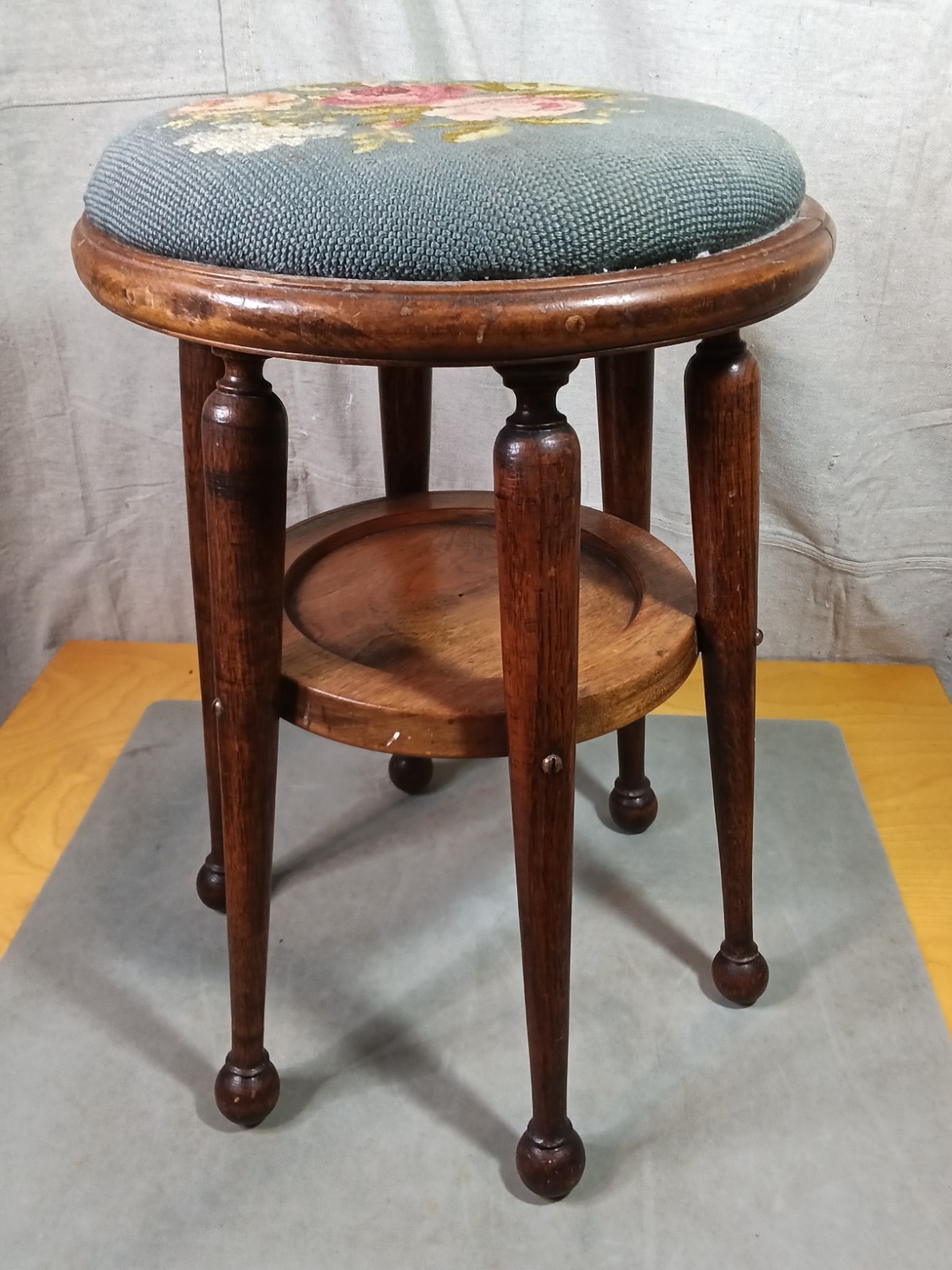 Antique Victorian Style Round Wood Parlor Stool Rare 6-Legged Needlepoint Top