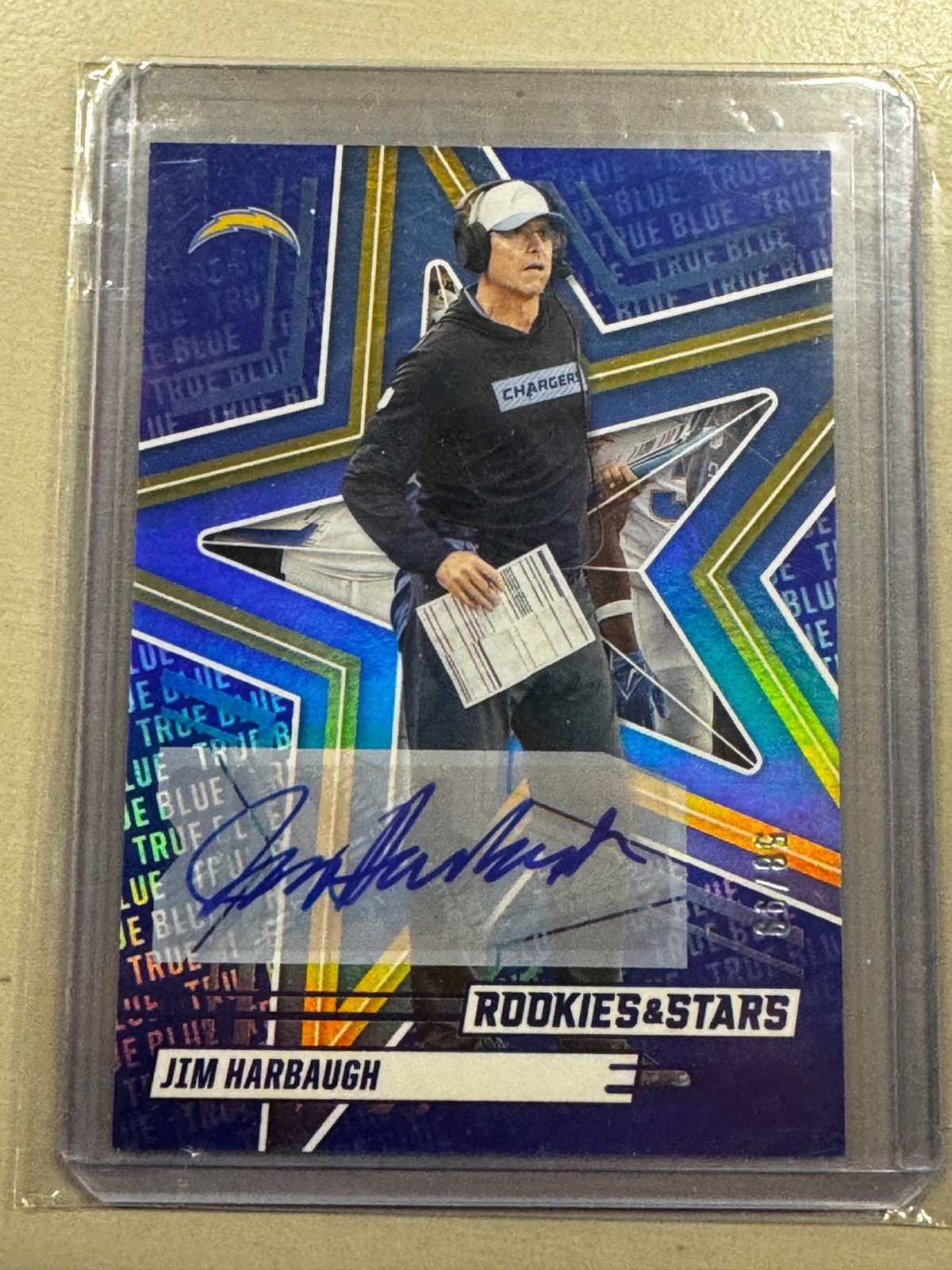 Panini 2025 Rookies & Stars Jim Harbaugh True Blue Signatures Auto #58/99 Panini 2025 Rookies & Stars Jim Harbaugh True Blue Signatures Auto #58/99