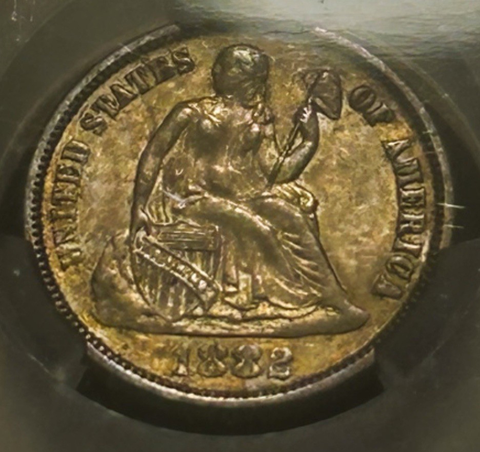 1882 Seated Liberty Silver Dime 10c High Grade PCGS AU-55 CAC Toned With Luster