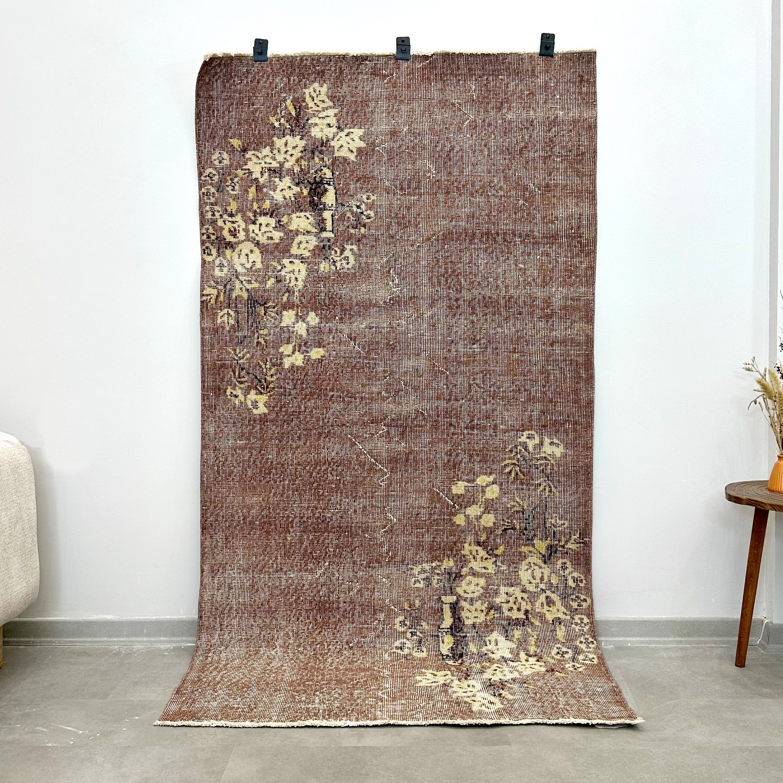 4x7 Vintage Turkish Rug, Handwoven Floral Rug, Handmade Wool Area Rug, Aubergine