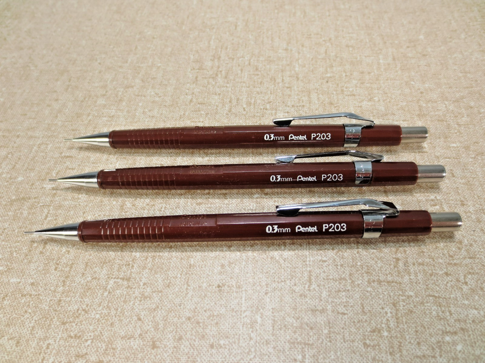 Three Vintage Pentel P203 0.3 mm Mechanical Pencils Brown Japan Tested Three Vintage Pentel P203 0.3 mm Mechanical Pencils Brown Japan Tested