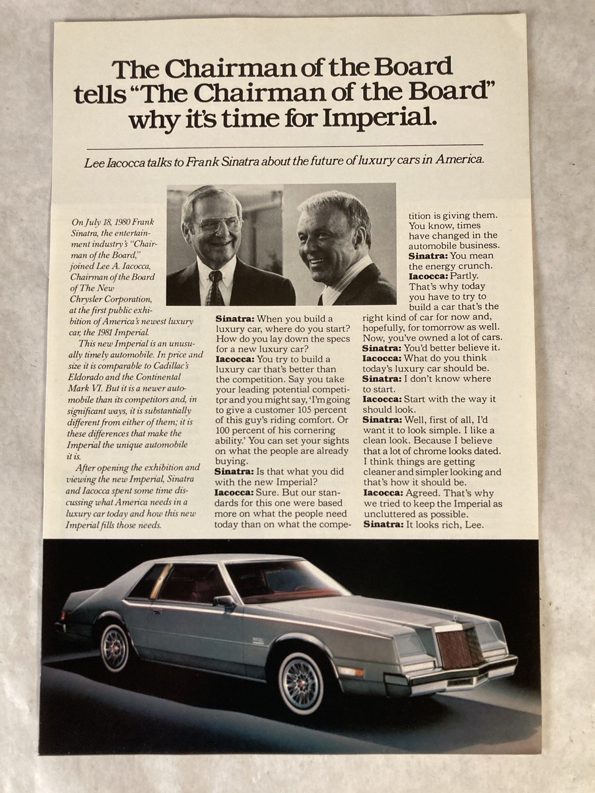1981 Chrysler Imperial Three Page Print Ad Frank Sinatra Lee Iococca Chairman 1981 Chrysler Imperial Three Page Print Ad Frank Sinatra Lee Iococca Chairman
